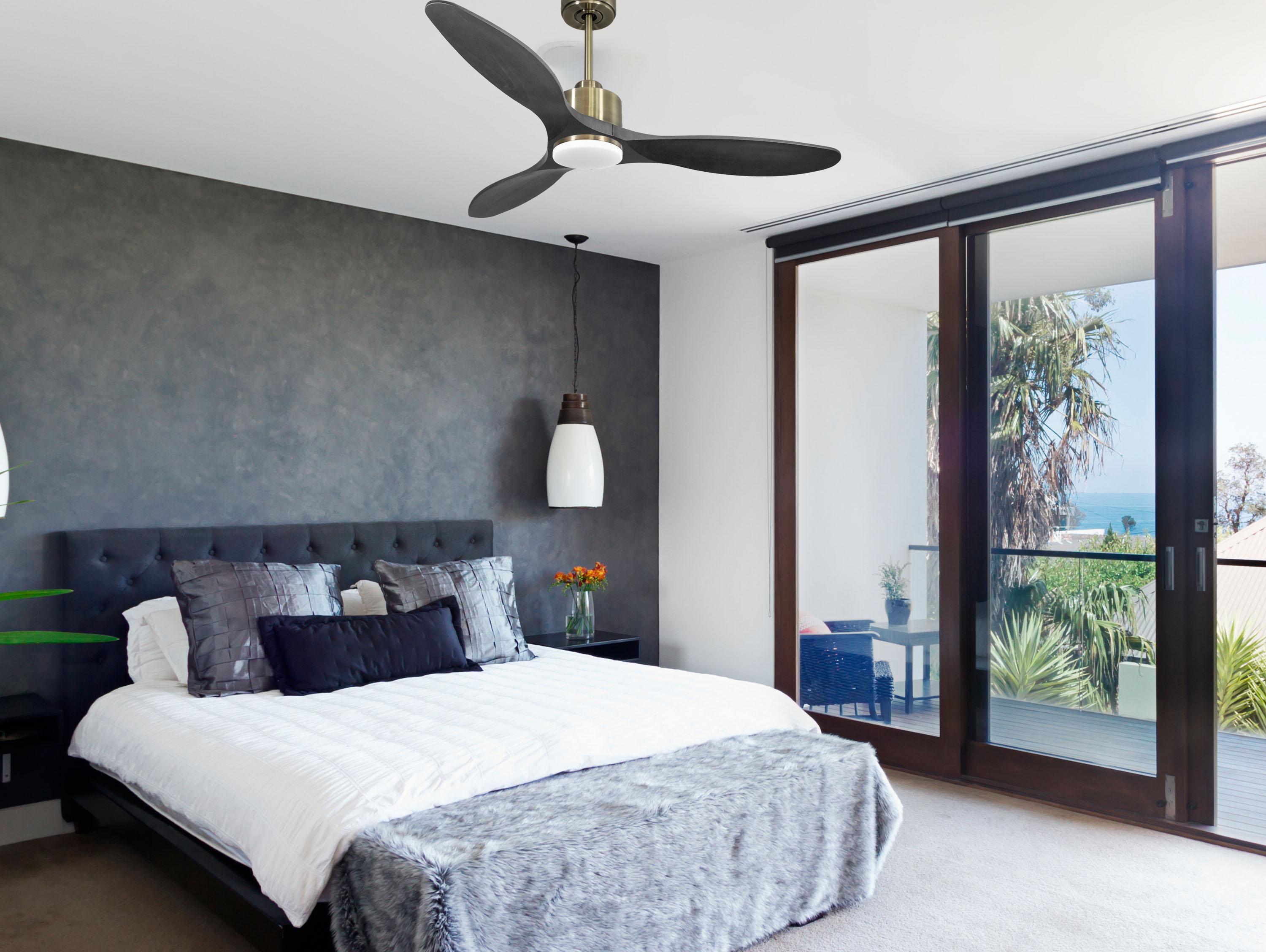 Ventilatore da soffitto Reversibile Termostato Dimmabile Wifi Motore CC Tetti inclinati Telecomando Luce a tre toni Hypersilence Memoria