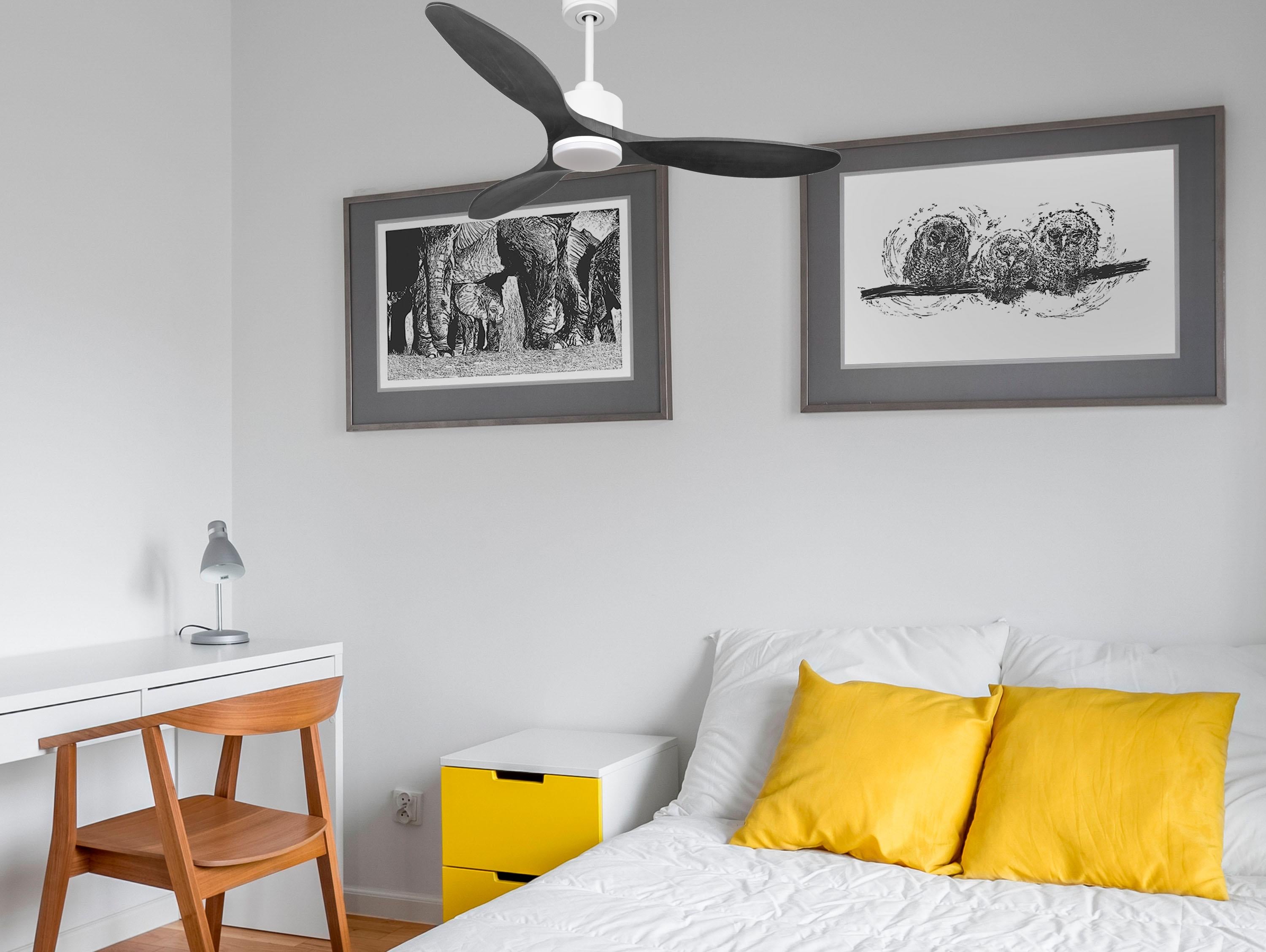 Ventilatore da soffitto Reversibile Termostato Dimmabile Wifi Motore CC Tetti inclinati Telecomando Luce a tre toni Hypersilence Memoria