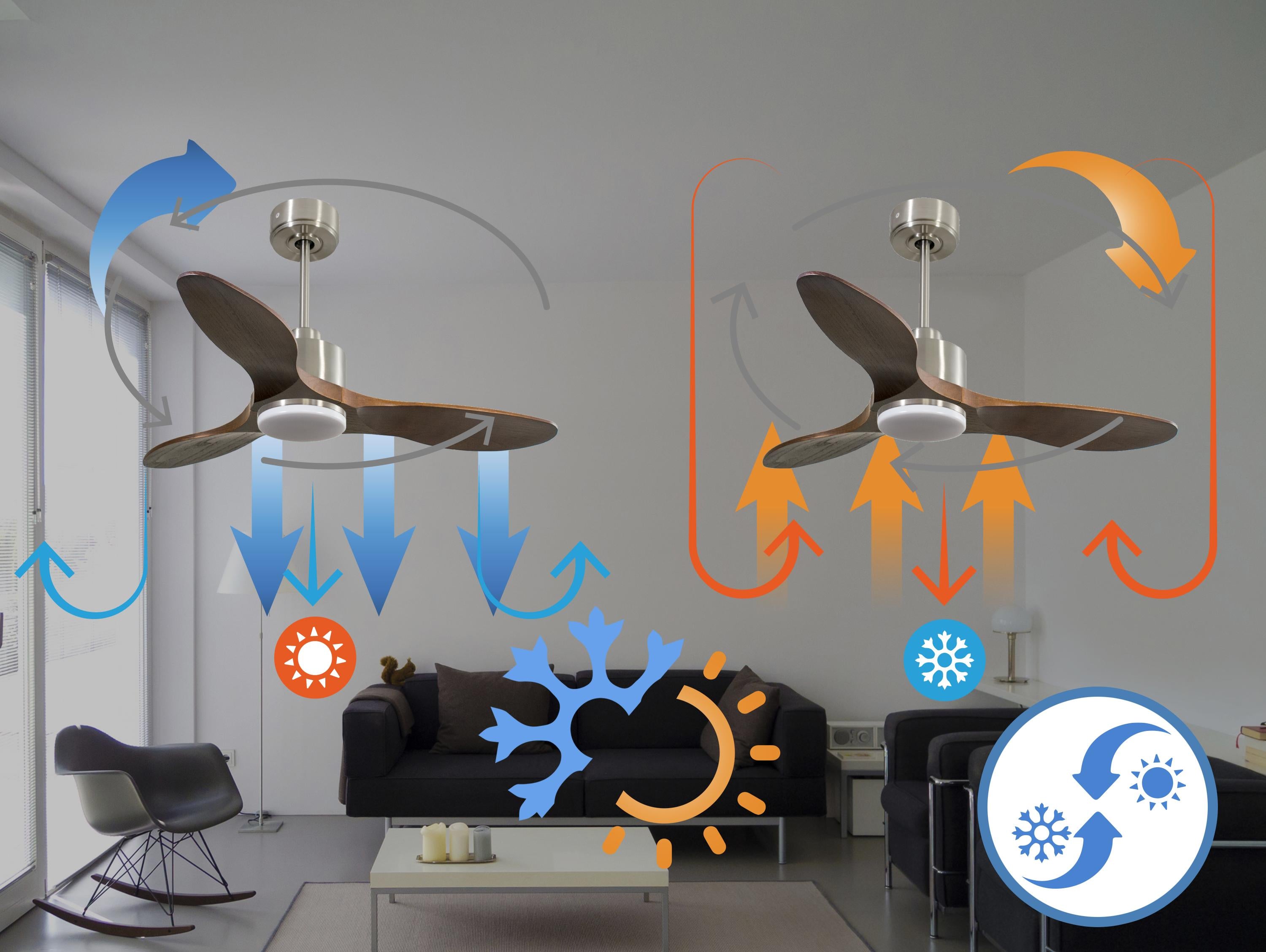 Ventilatore da soffitto Reversibile Termostato Dimmabile Wifi Motore CC Tetti inclinati Telecomando Luce a tre toni Hypersilence Memoria