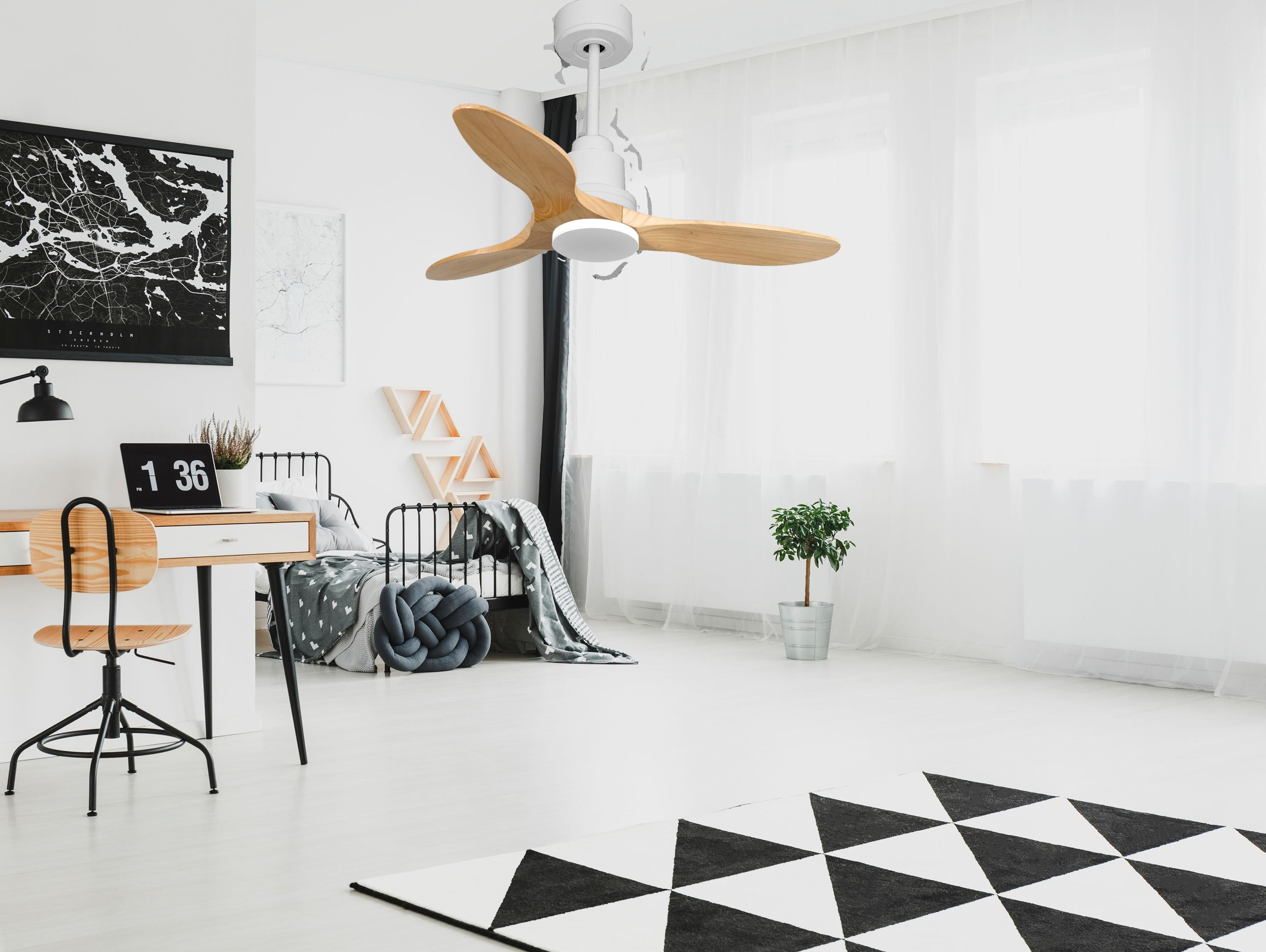 Ventilatore da soffitto Reversibile Termostato Wifi Motore CC Tetti inclinati Telecomando Hypersilence Memoria