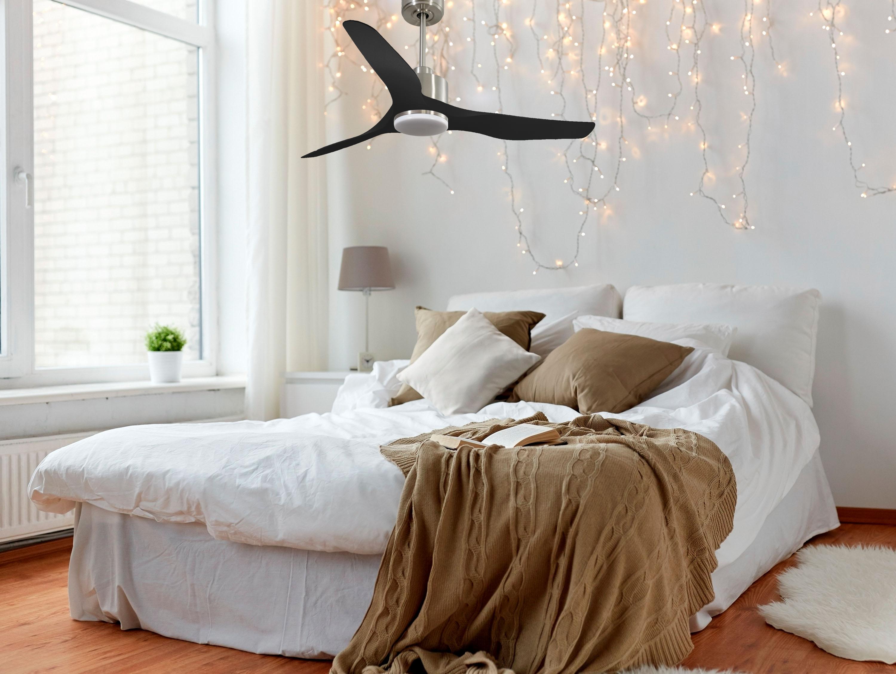 Ventilatore da soffitto Reversibile Termostato Dimmabile Wifi Motore CC Tetti inclinati Telecomando Luce a tre toni Adattatore 2/3 lame Hypersilence Memoria