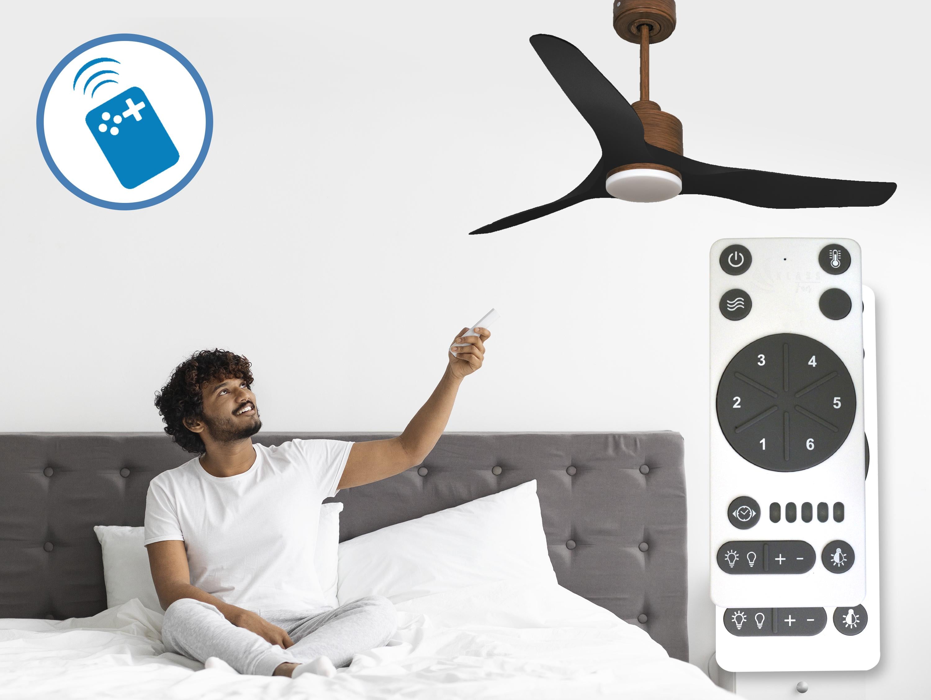 Ventilatore da soffitto Reversibile Termostato Dimmabile Wifi Motore CC Tetti inclinati Telecomando Luce a tre toni Adattatore 2/3 lame Hypersilence Memoria