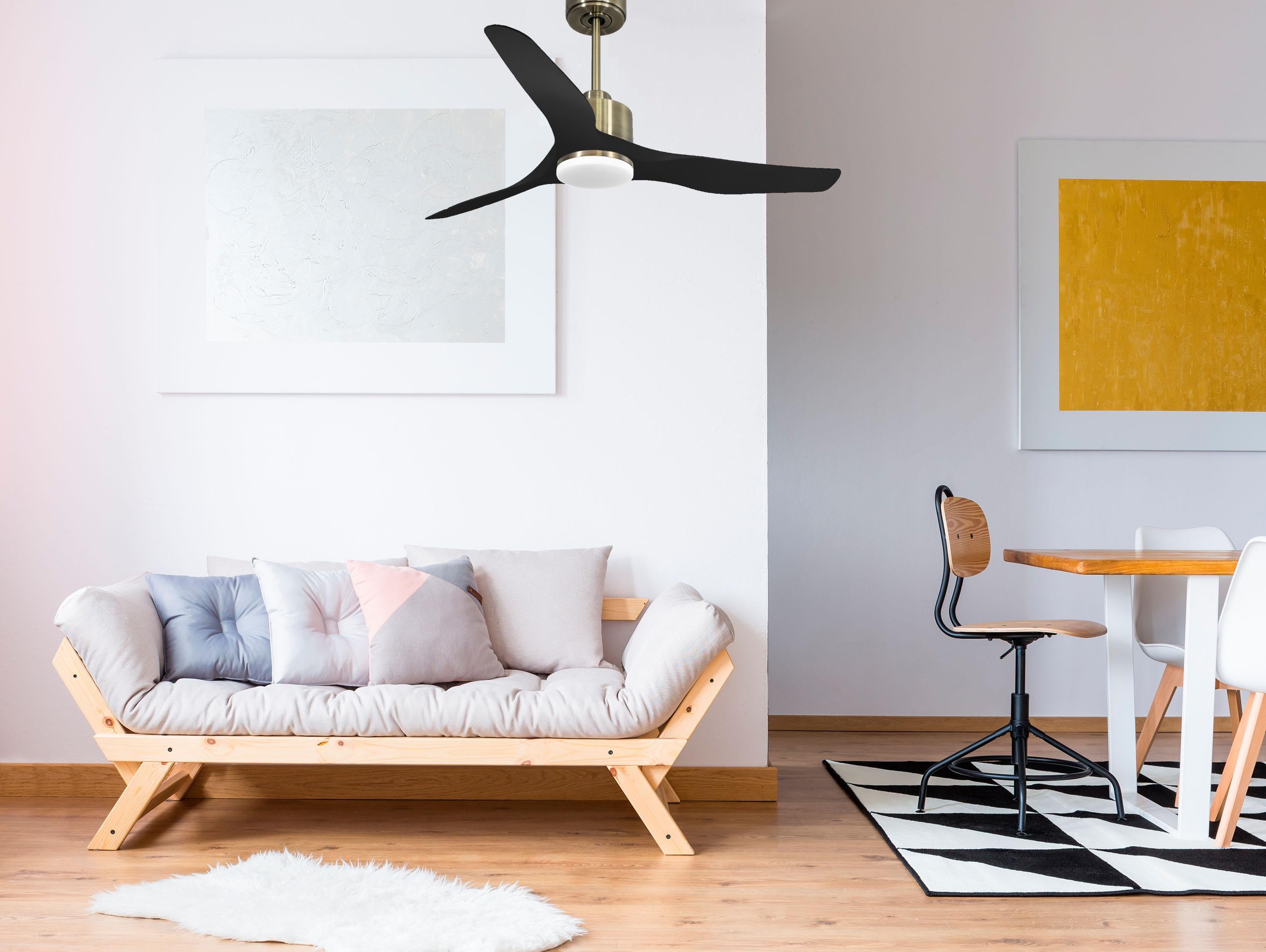 Ventilatore da soffitto Reversibile Termostato Dimmabile Wifi Motore CC Tetti inclinati Telecomando Luce a tre toni Adattatore 2/3 lame Hypersilence Memoria