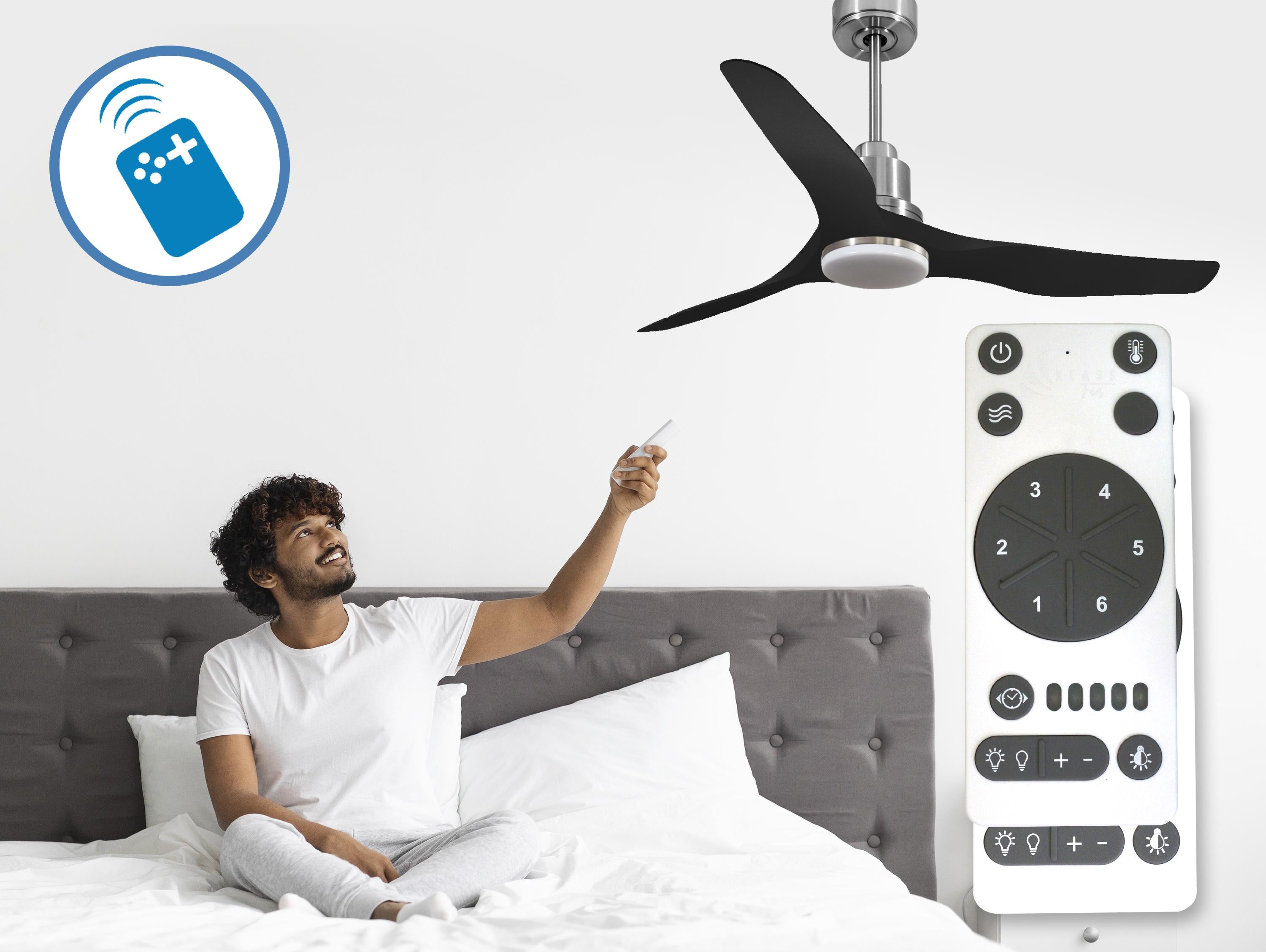 Ventilatore da soffitto Reversibile Termostato Dimmabile Wifi Motore CC Tetti inclinati Telecomando Luce a tre toni Adattatore 2/3 lame Hypersilence Memoria