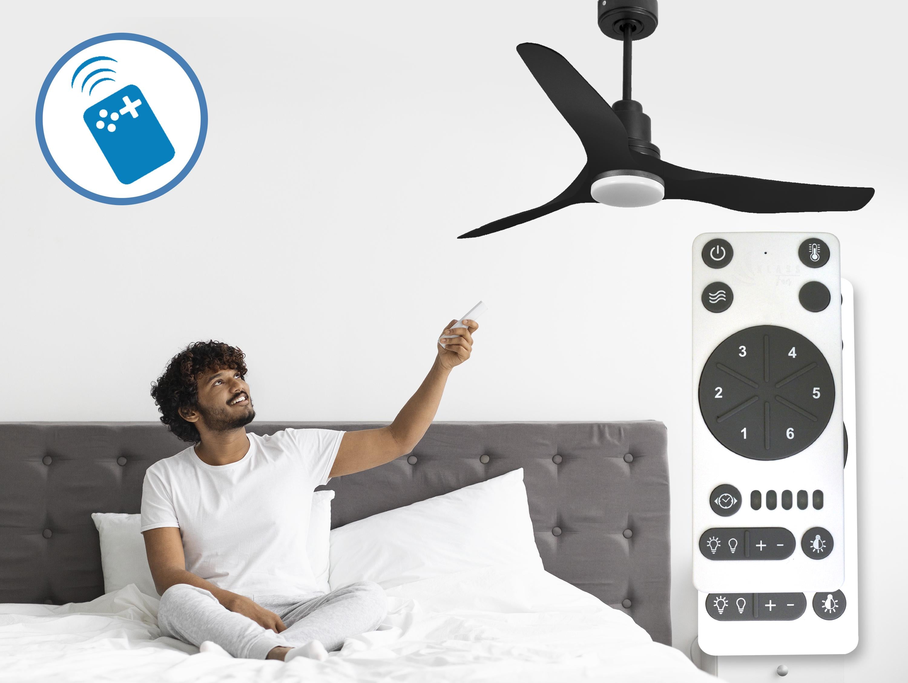 Ventilatore da soffitto Reversibile Termostato Dimmabile Wifi Motore CC Tetti inclinati Telecomando Luce a tre toni Adattatore 2/3 lame Hypersilence Memoria