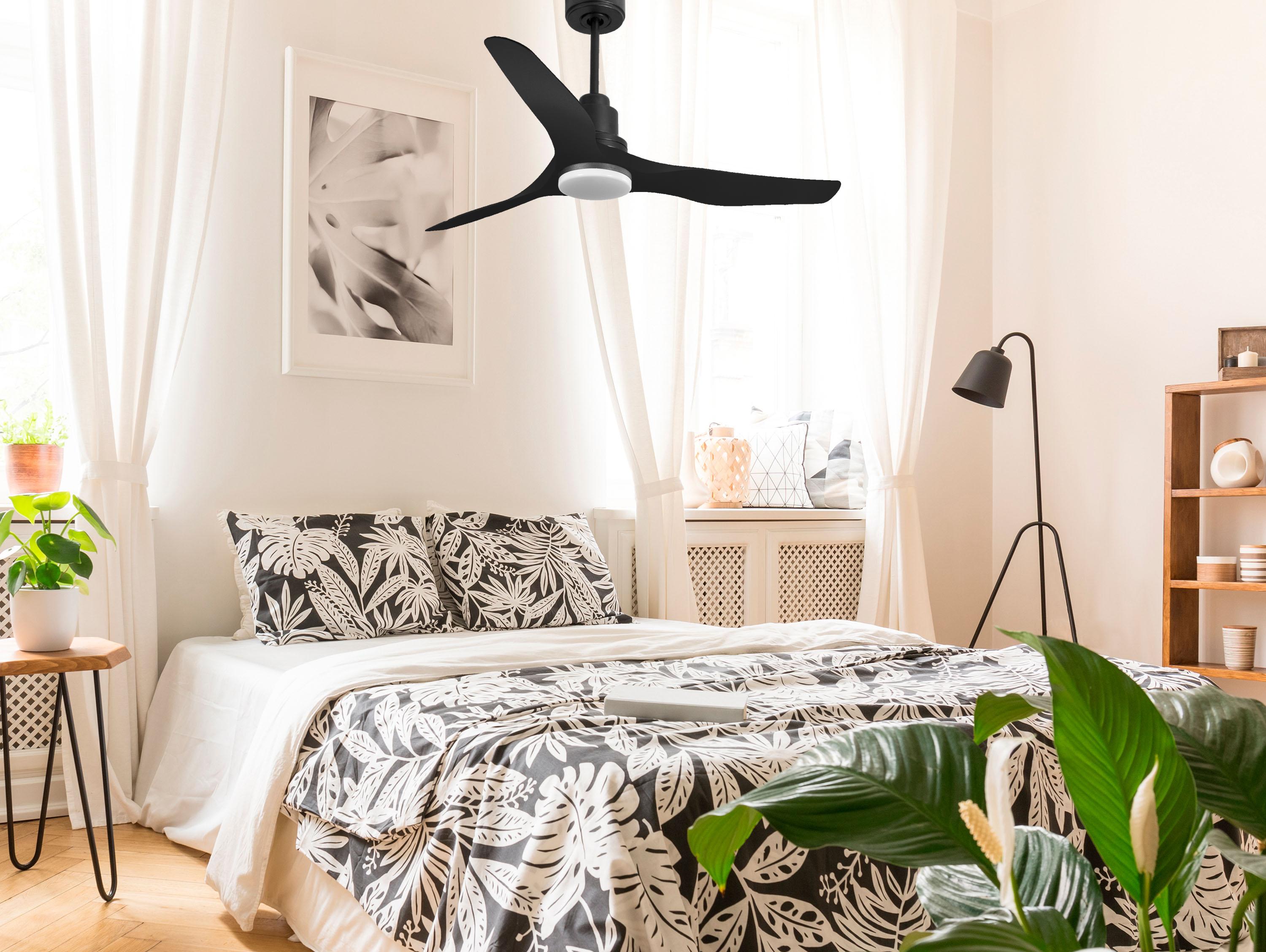 Ventilatore da soffitto Reversibile Termostato Dimmabile Wifi Motore CC Tetti inclinati Telecomando Luce a tre toni Adattatore 2/3 lame Hypersilence Memoria