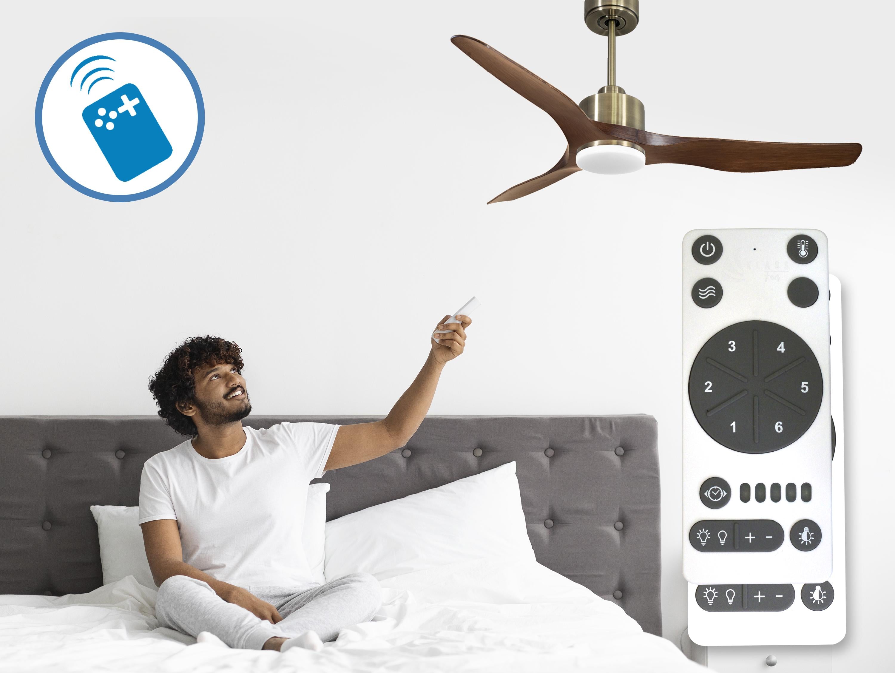 Ventilatore da soffitto Reversibile Termostato Dimmabile Wifi Motore CC Tetti inclinati Telecomando Luce a tre toni Adattatore 2/3 lame Hypersilence Memoria