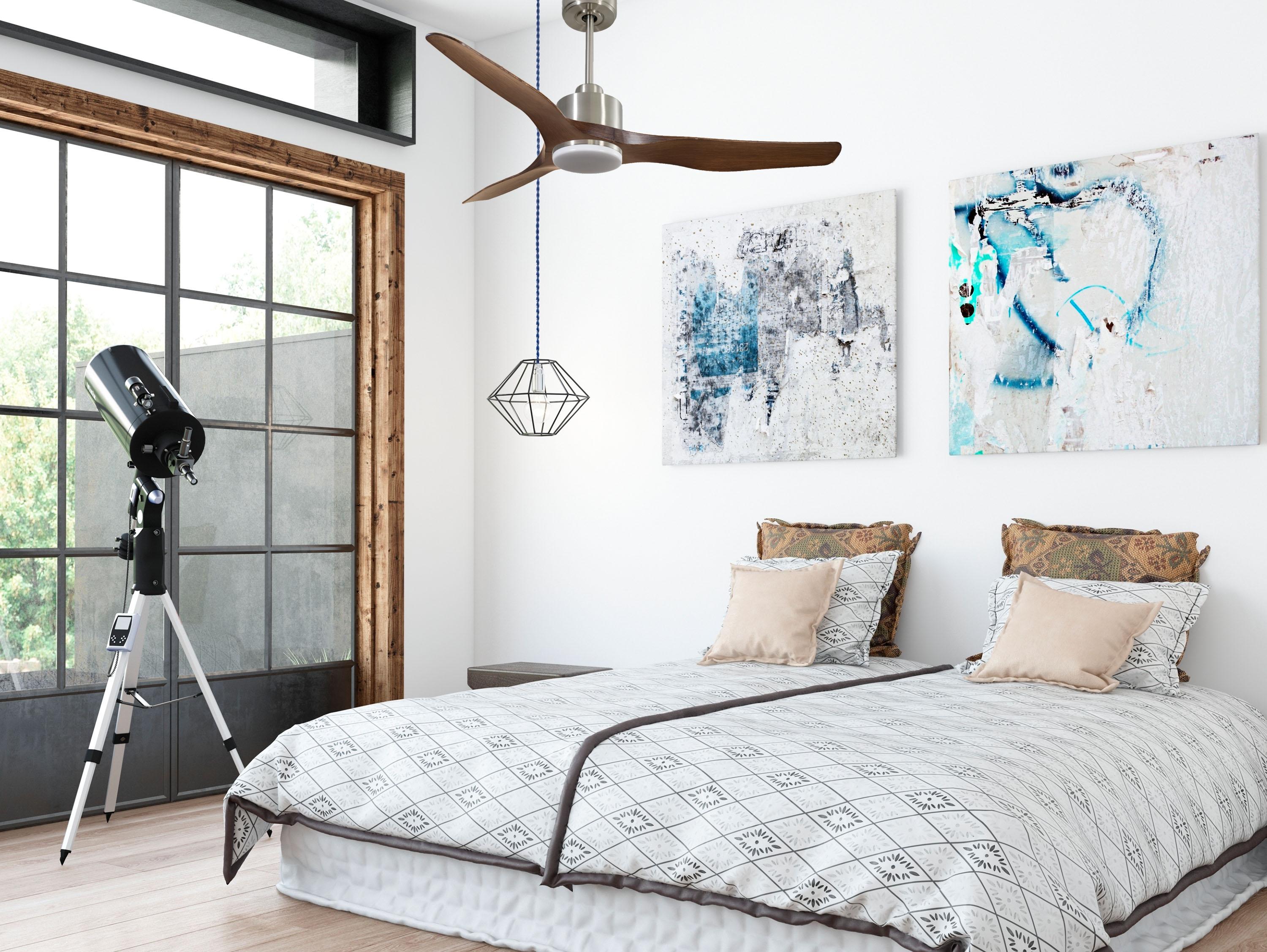 Ventilatore da soffitto Reversibile Termostato Dimmabile Wifi Motore CC Tetti inclinati Telecomando Luce a tre toni Adattatore 2/3 lame Hypersilence Memoria