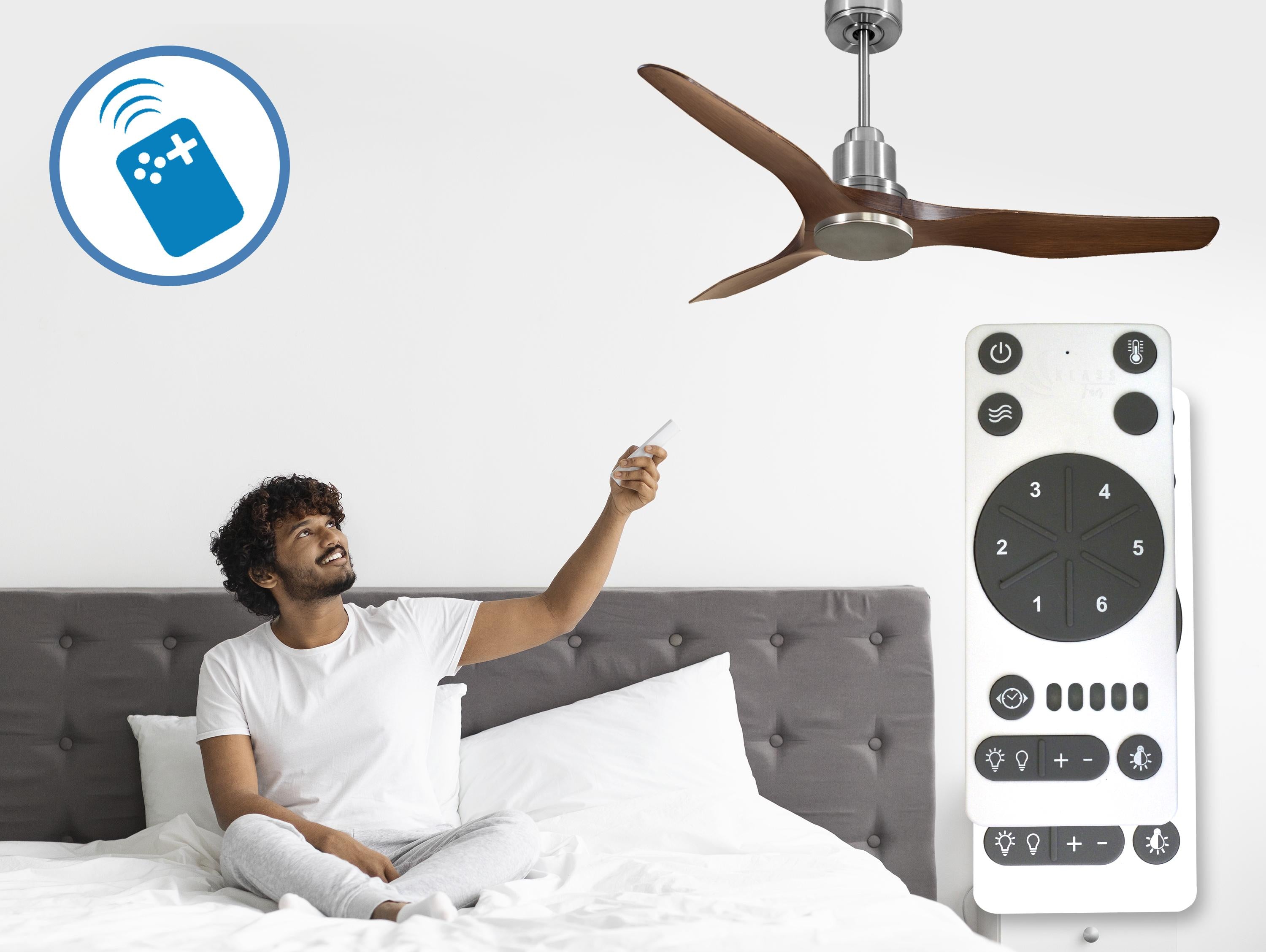 Ventilatore da soffitto Reversibile Termostato Wifi Motore CC Tetti inclinati Telecomando Adattatore 2/3 lame Hypersilence Memoria Shopify Vendible (AUTOMATICO)