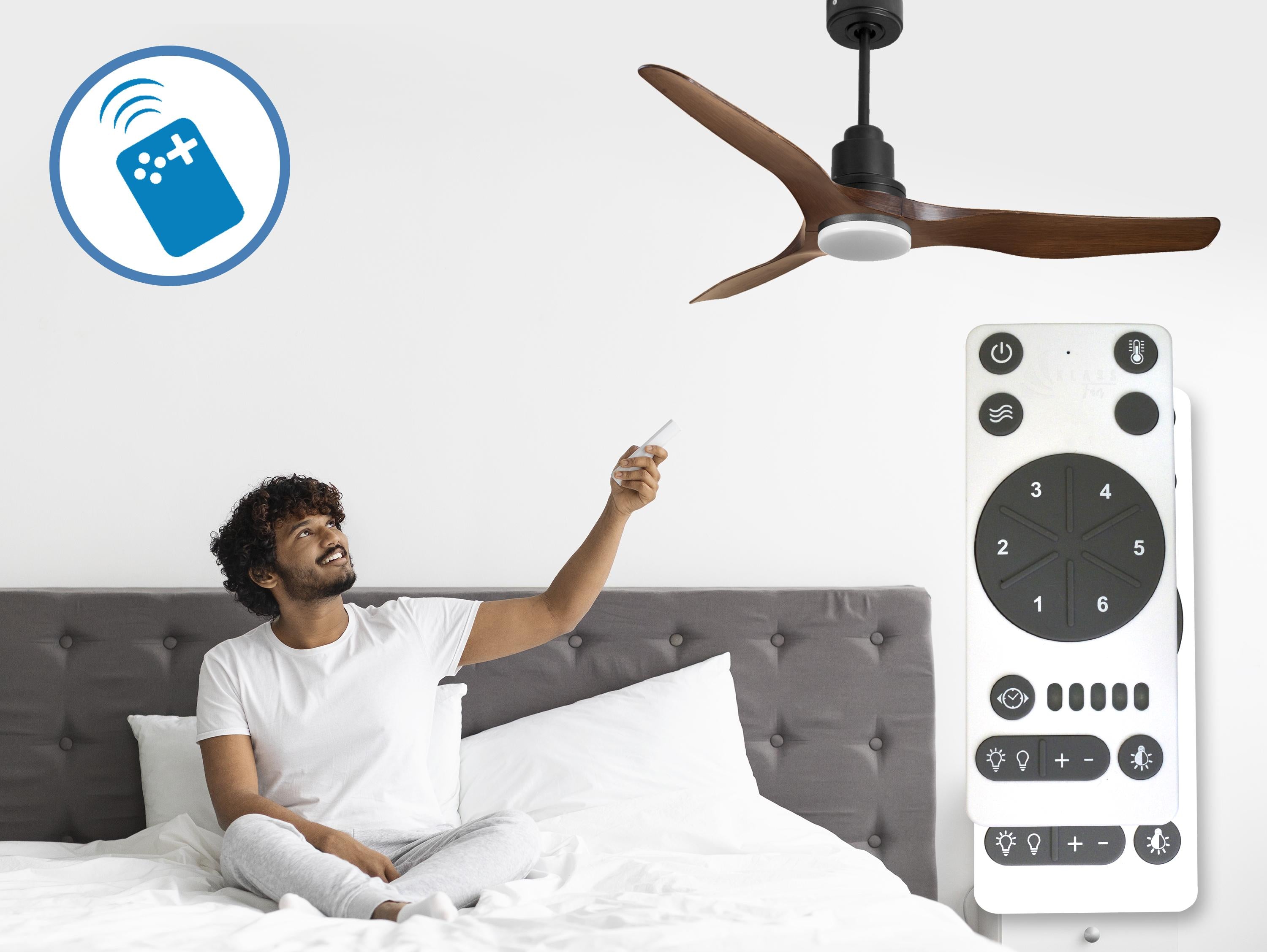 Ventilatore da soffitto Reversibile Termostato Dimmabile Wifi Motore CC Tetti inclinati Telecomando Luce a tre toni Adattatore 2/3 lame Hypersilence Memoria