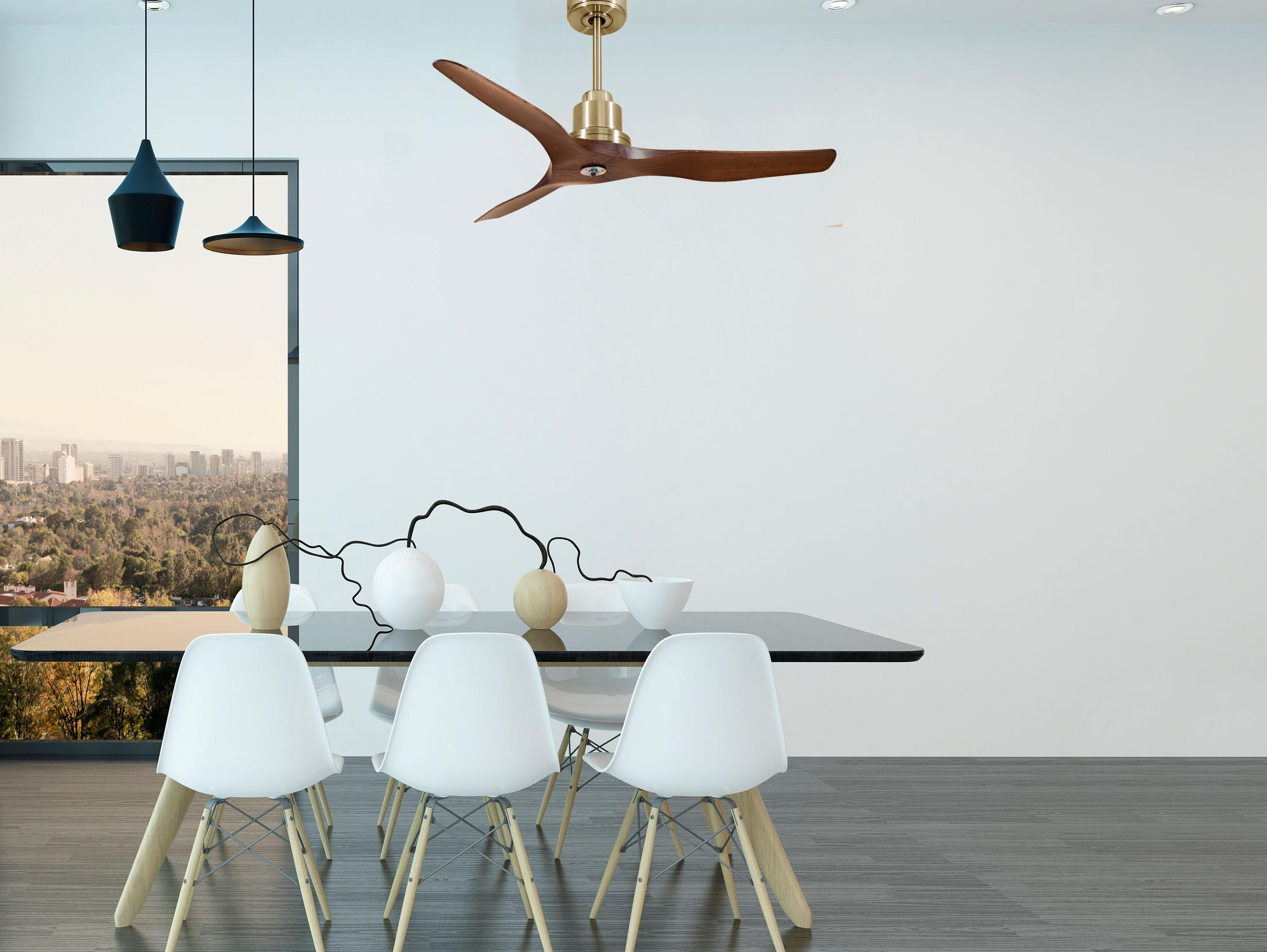 Ventilatore da soffitto Reversibile Termostato Dimmabile Wifi Motore CC Tetti inclinati Telecomando Luce a tre toni Adattatore 2/3 lame Hypersilence Memoria