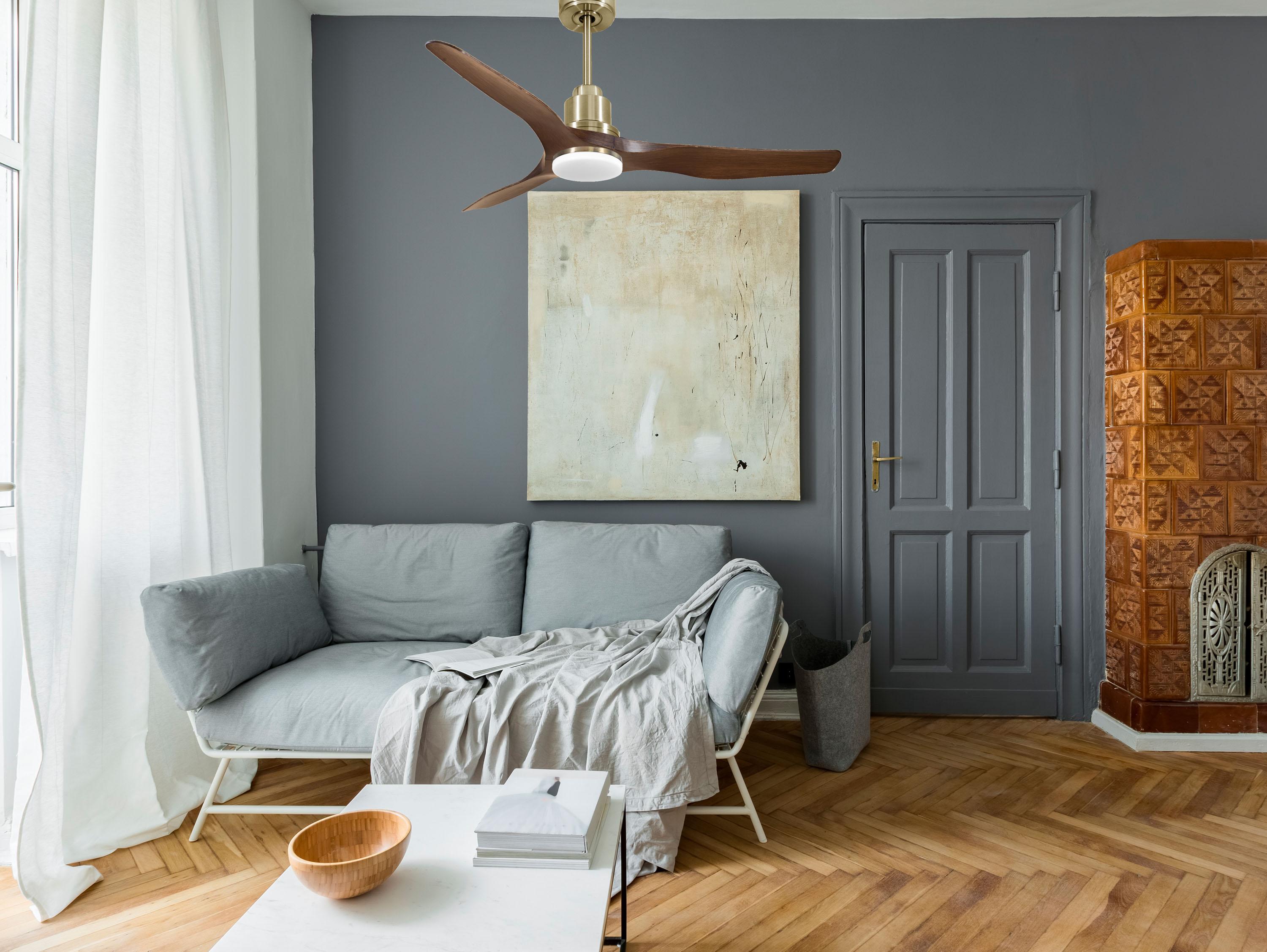 Ventilatore da soffitto Reversibile Termostato Dimmabile Wifi Motore CC Tetti inclinati Telecomando Luce a tre toni Adattatore 2/3 lame Hypersilence Memoria