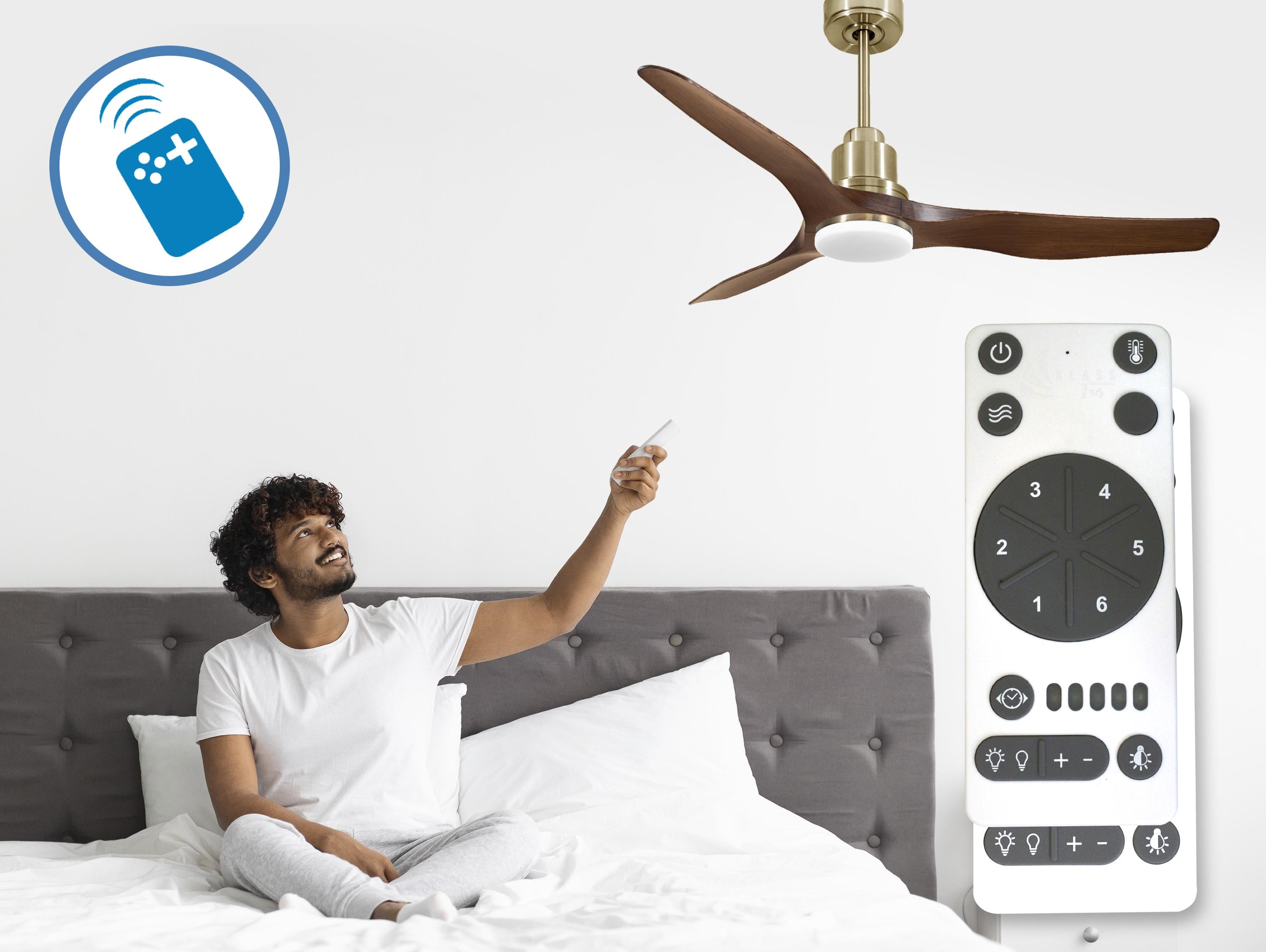 Ventilatore da soffitto Reversibile Termostato Dimmabile Wifi Motore CC Tetti inclinati Telecomando Luce a tre toni Adattatore 2/3 lame Hypersilence Memoria