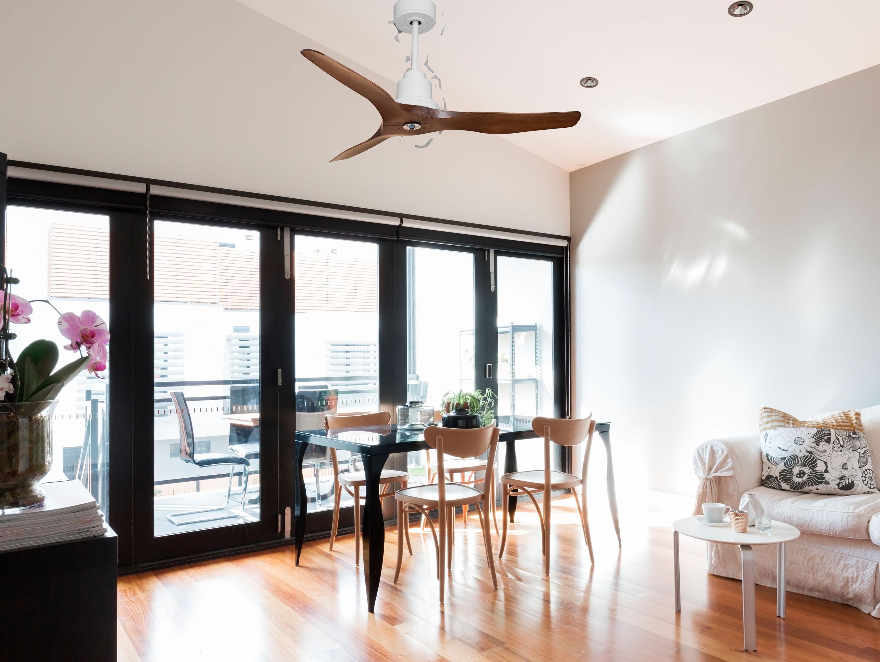 Ventilatore da soffitto Reversibile Termostato Dimmabile Wifi Motore CC Tetti inclinati Telecomando Luce a tre toni Adattatore 2/3 lame Hypersilence Memoria
