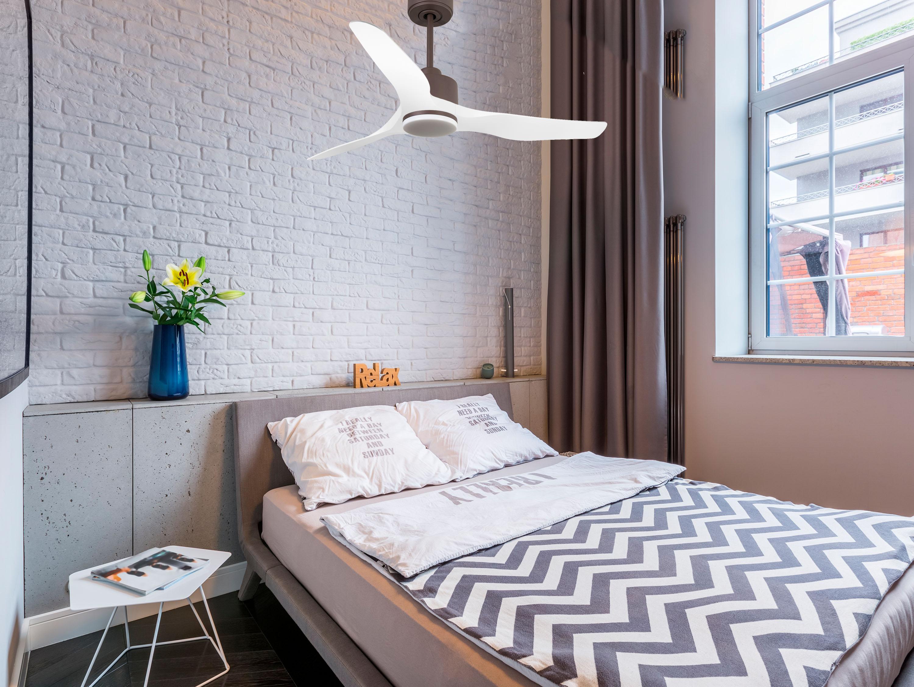 Ventilatore da soffitto Reversibile Termostato Dimmabile Wifi Motore CC Tetti inclinati Telecomando Luce a tre toni Adattatore 2/3 lame Hypersilence Memoria