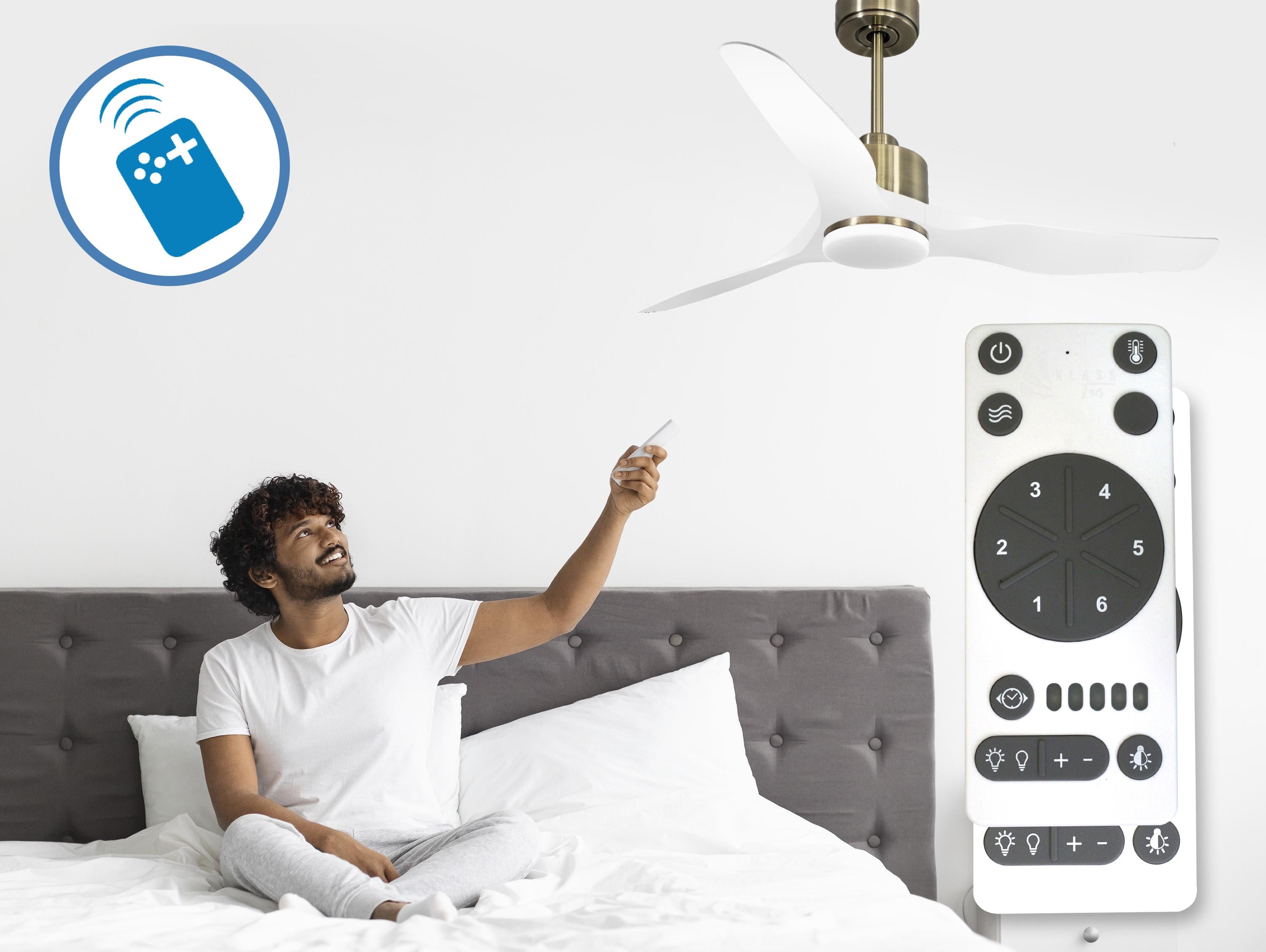 Ventilatore da soffitto Reversibile Termostato Dimmabile Wifi Motore CC Tetti inclinati Telecomando Luce a tre toni Adattatore 2/3 lame Hypersilence Memoria