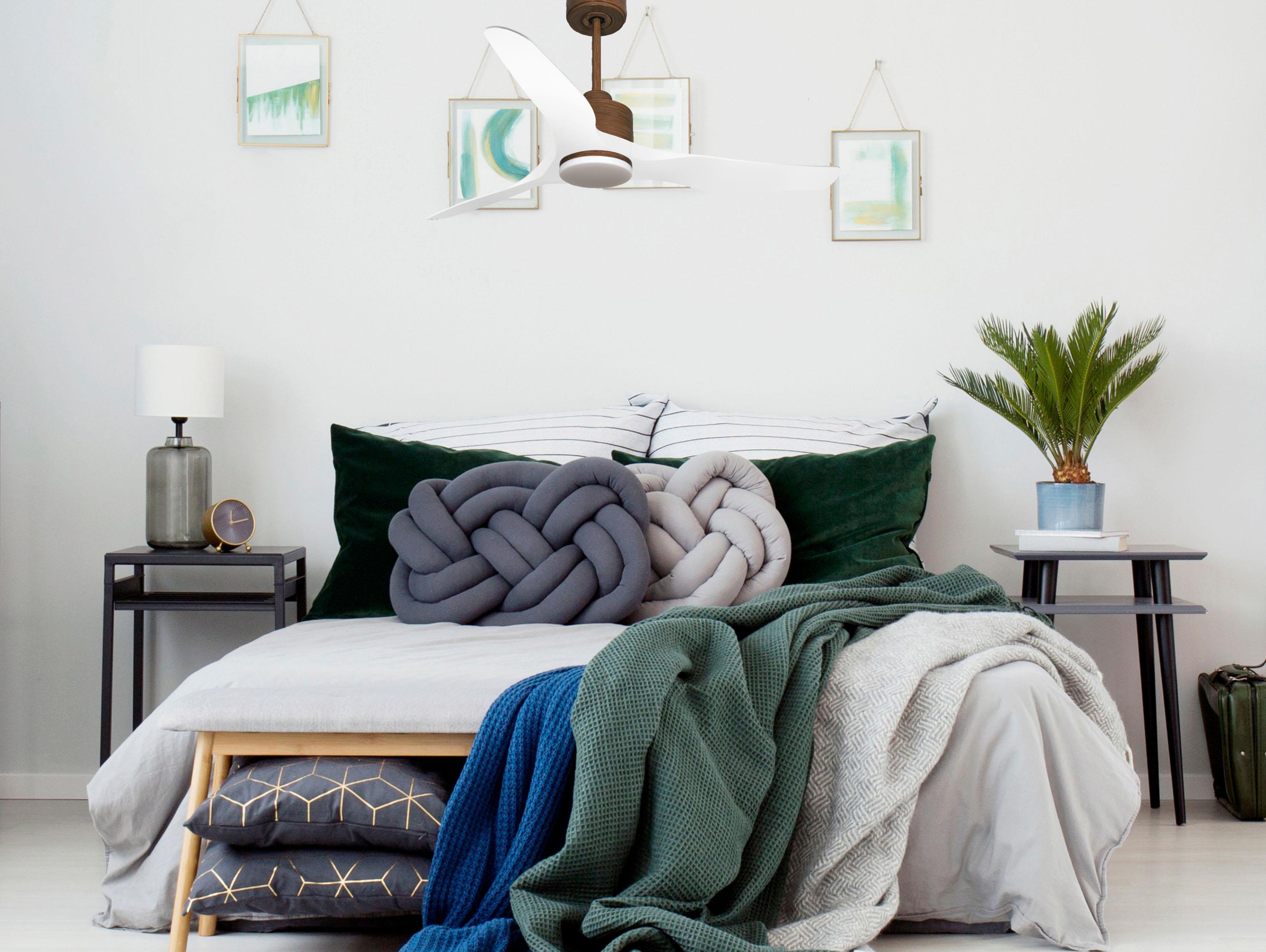 Ventilatore da soffitto Reversibile Termostato Dimmabile Wifi Motore CC Tetti inclinati Telecomando Luce a tre toni Adattatore 2/3 lame Hypersilence Memoria