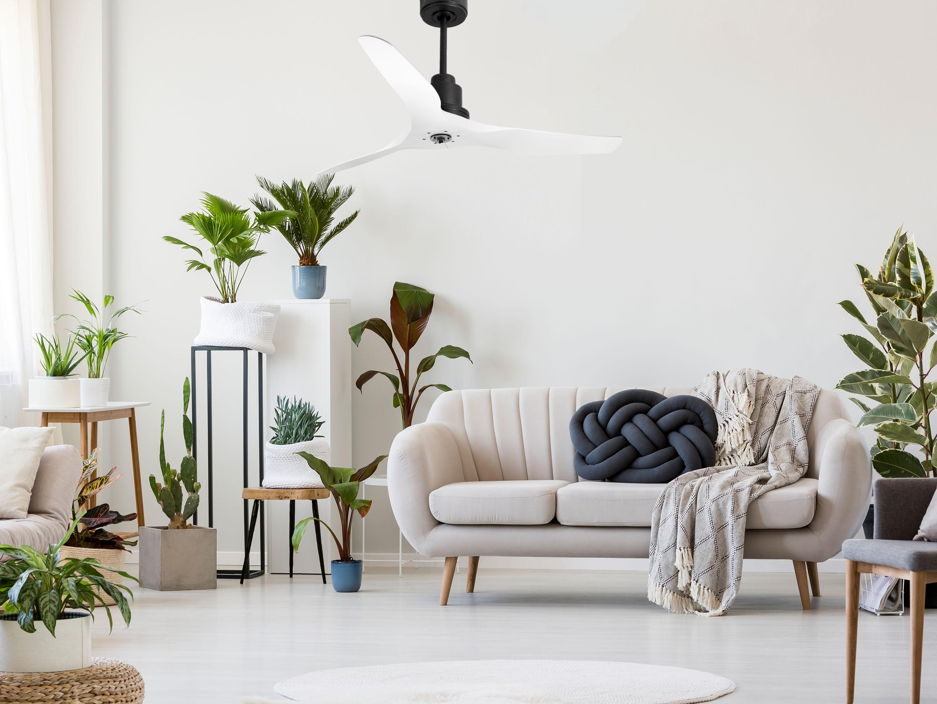 Ventilatore da soffitto Reversibile Termostato Dimmabile Wifi Motore CC Tetti inclinati Telecomando Luce a tre toni Adattatore 2/3 lame Hypersilence Memoria