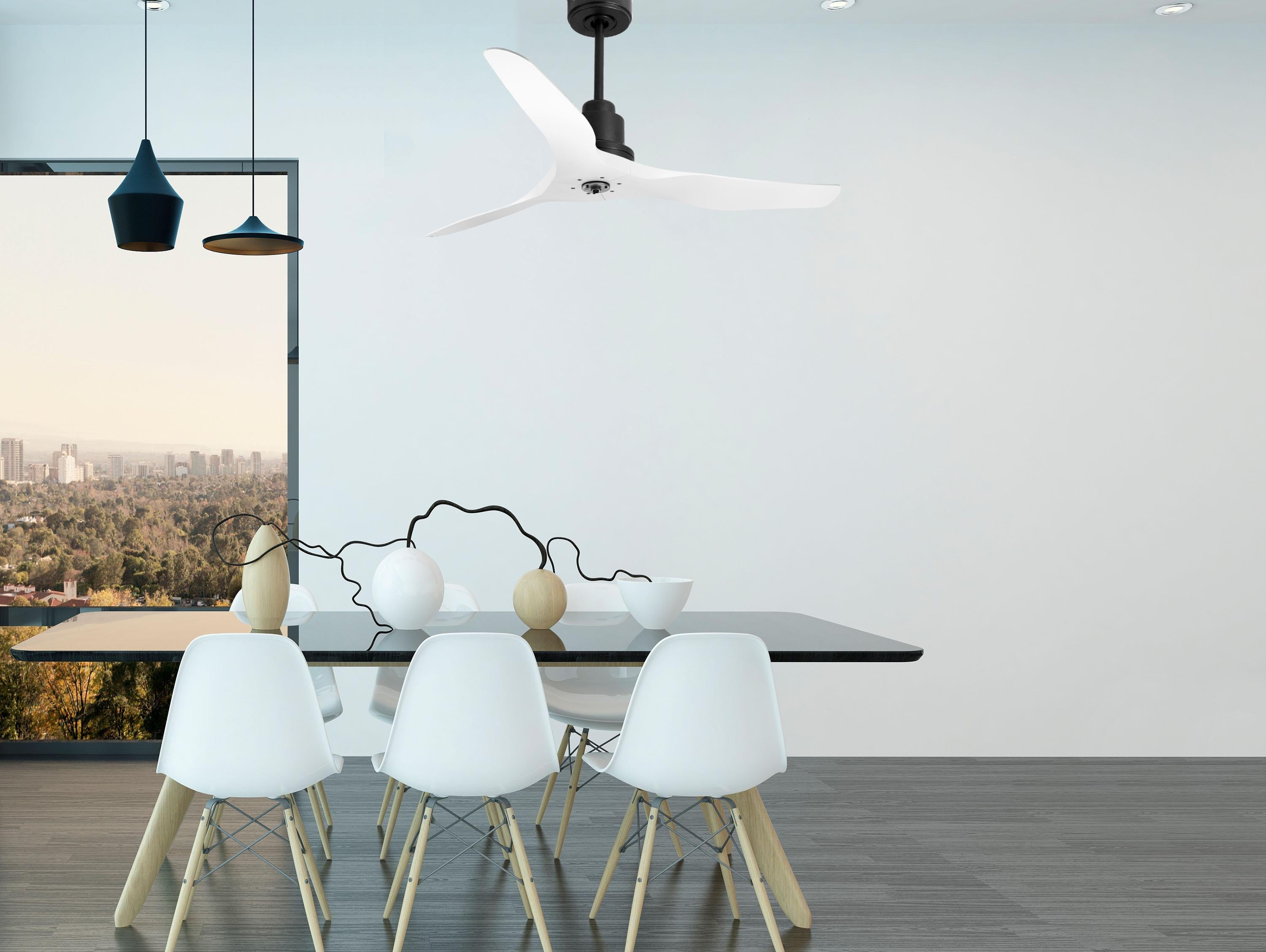 Ventilatore da soffitto Reversibile Termostato Dimmabile Wifi Motore CC Tetti inclinati Telecomando Luce a tre toni Adattatore 2/3 lame Hypersilence Memoria