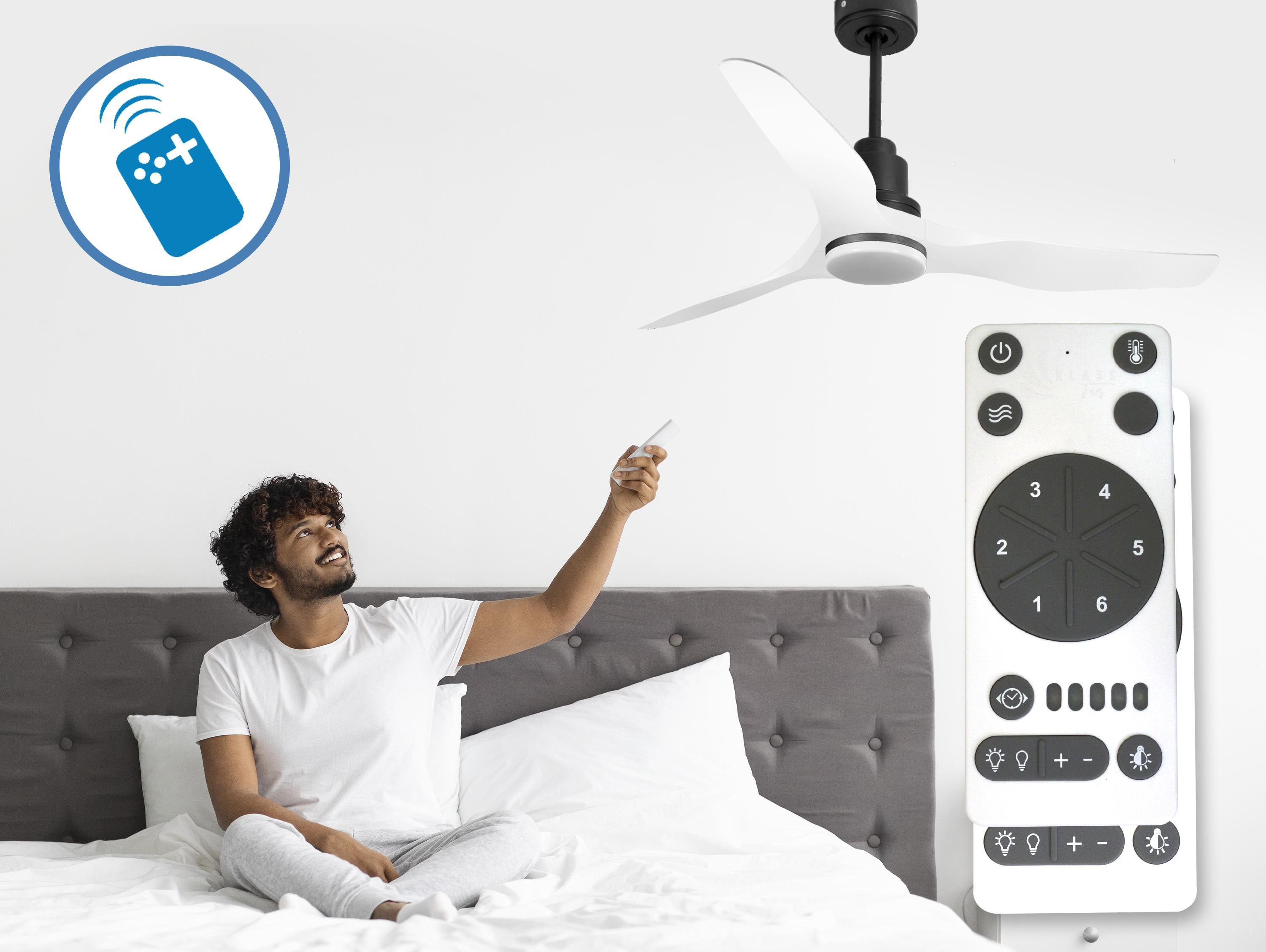 Ventilatore da soffitto Reversibile Termostato Dimmabile Wifi Motore CC Tetti inclinati Telecomando Luce a tre toni Adattatore 2/3 lame Hypersilence Memoria