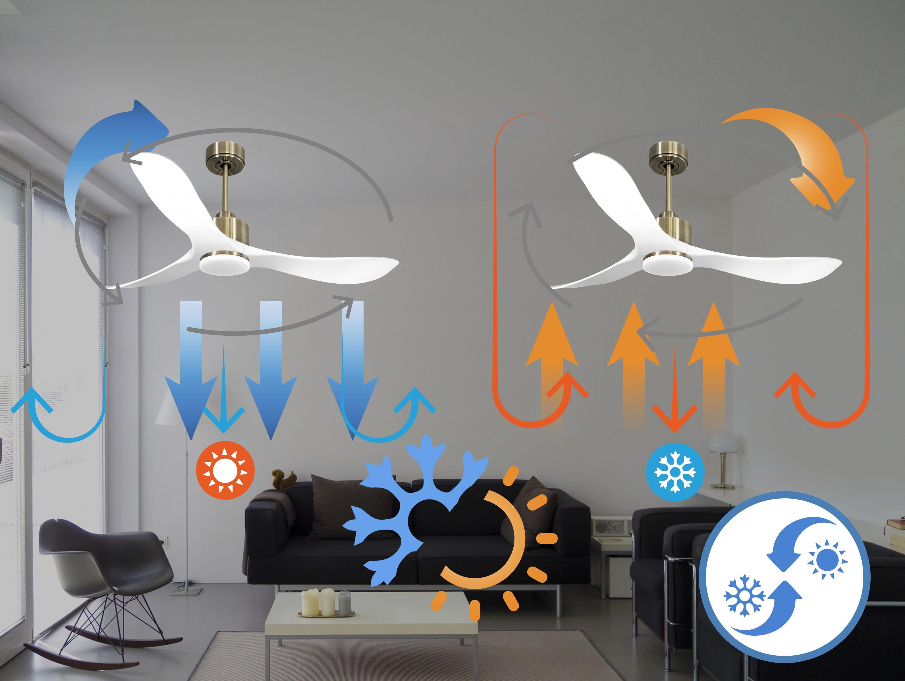 Ventilatore da soffitto Reversibile Termostato Dimmabile Wifi Motore CC Tetti inclinati Telecomando Luce a tre toni Hypersilence Memoria