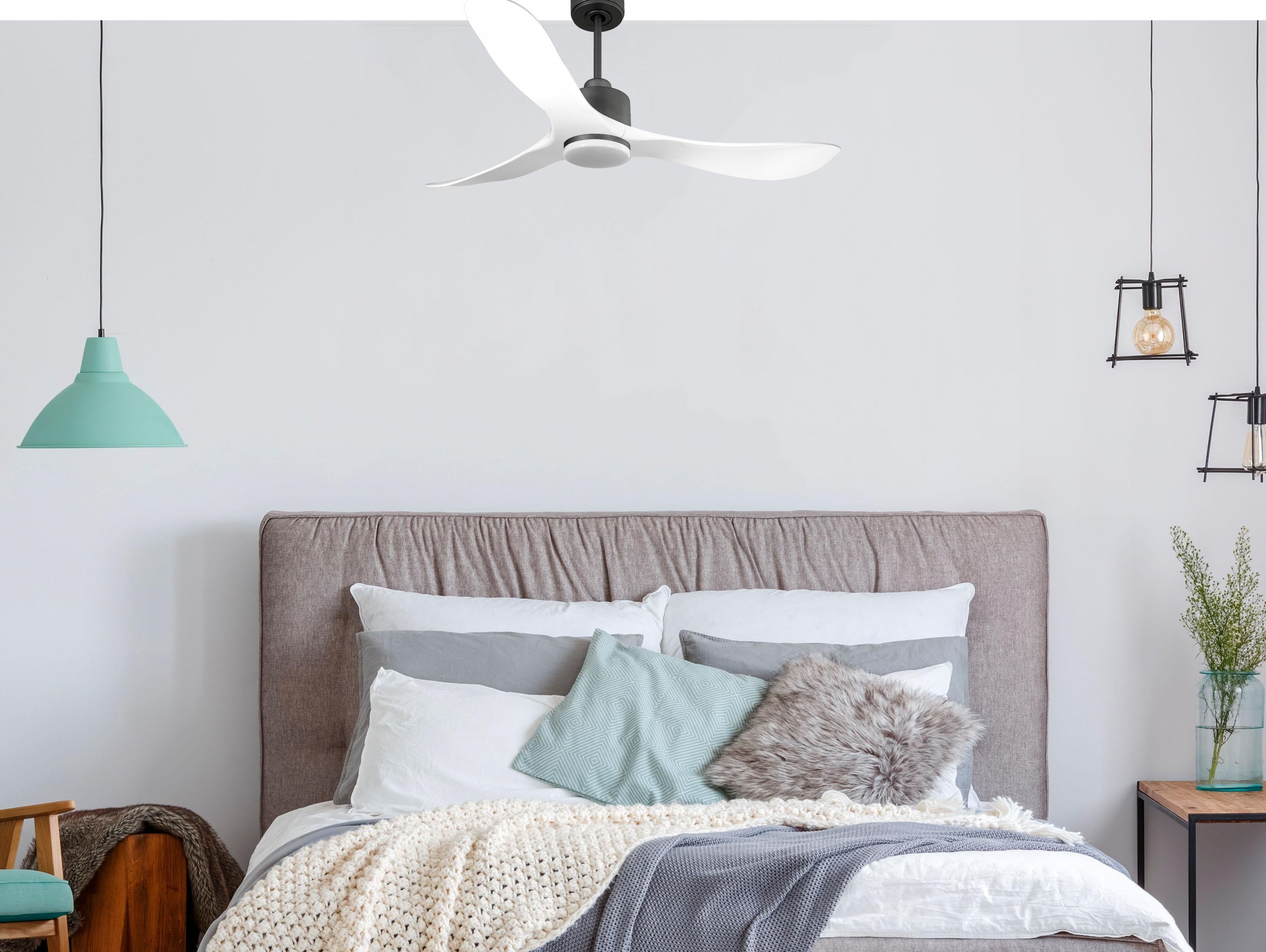 Ventilatore da soffitto Reversibile Termostato Dimmabile Wifi Motore CC Tetti inclinati Telecomando Luce a tre toni Hypersilence Memoria