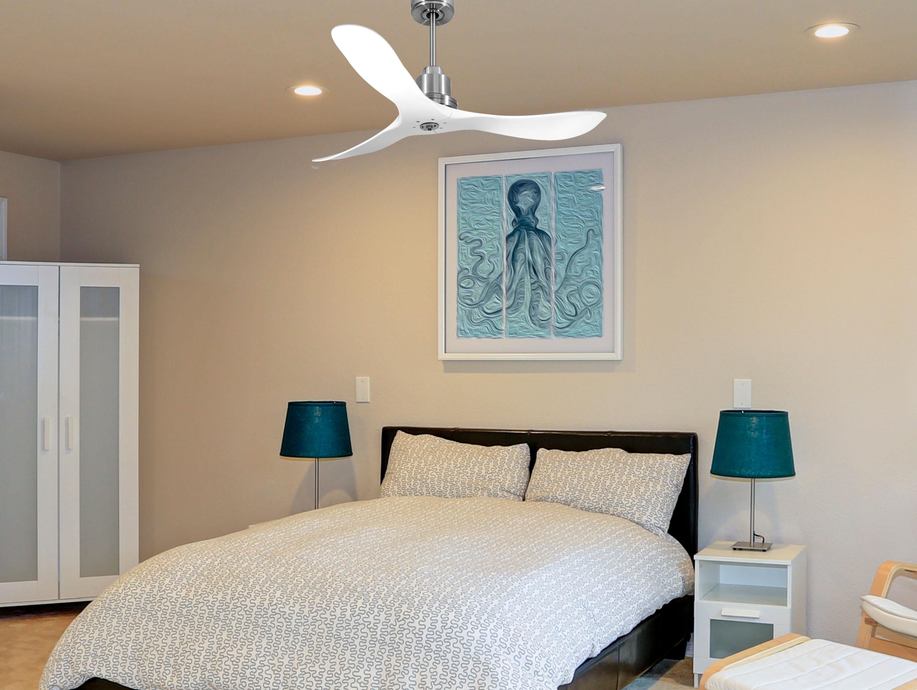 Ventilatore da soffitto Reversibile Termostato Dimmabile Wifi Motore CC Tetti inclinati Telecomando Luce a tre toni Hypersilence Memoria
