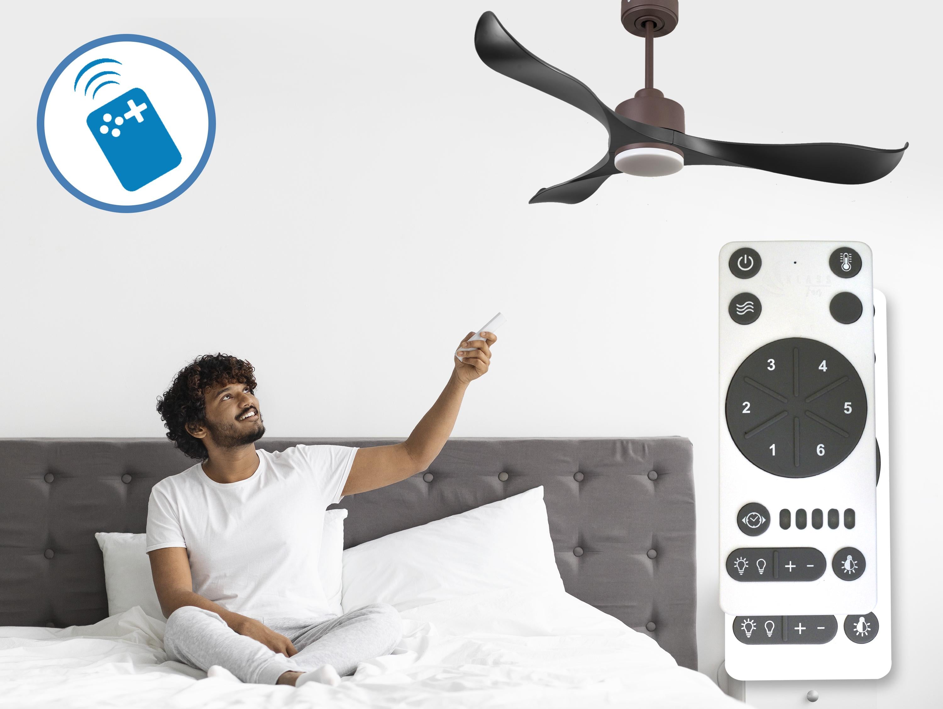 Ventilatore da soffitto Reversibile Termostato Dimmabile Wifi Motore CC Tetti inclinati Telecomando Luce a tre toni Adattatore 2/3 lame Hypersilence Memoria