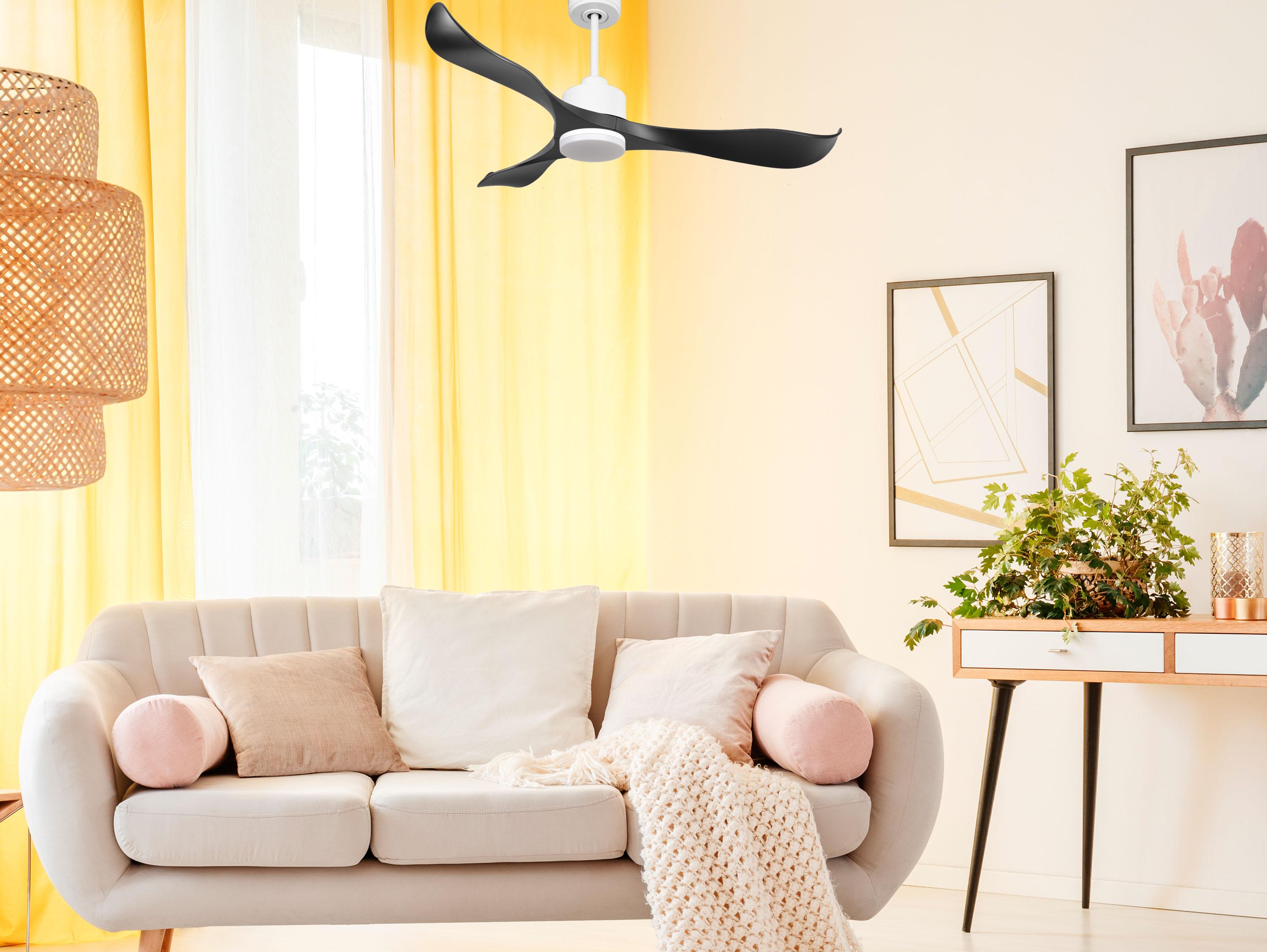 Ventilatore da soffitto Reversibile Termostato Dimmabile Wifi Motore CC Tetti inclinati Telecomando Luce a tre toni Adattatore 2/3 lame Hypersilence Memoria