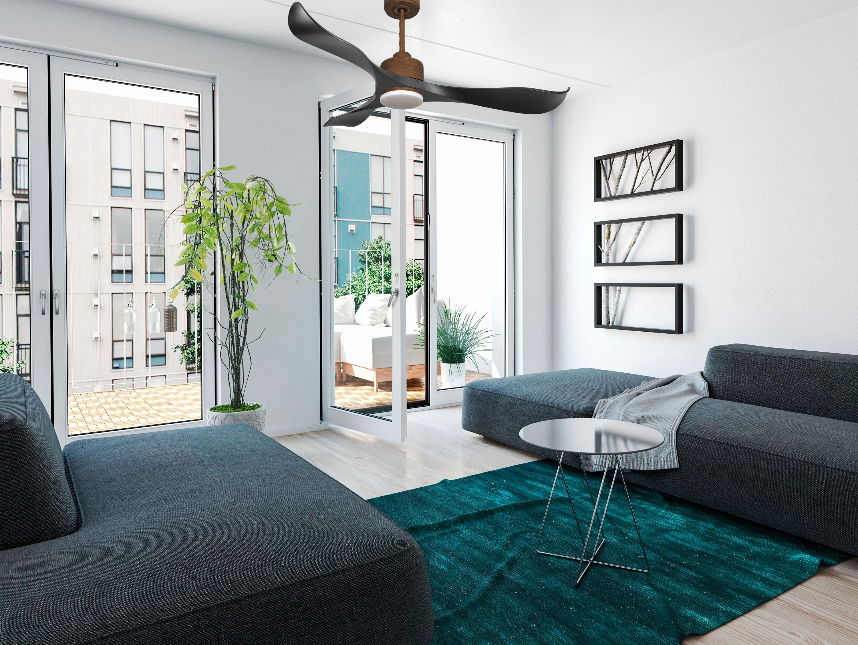 Ventilatore da soffitto Reversibile Termostato Dimmabile Wifi Motore CC Tetti inclinati Telecomando Luce a tre toni Adattatore 2/3 lame Hypersilence Memoria