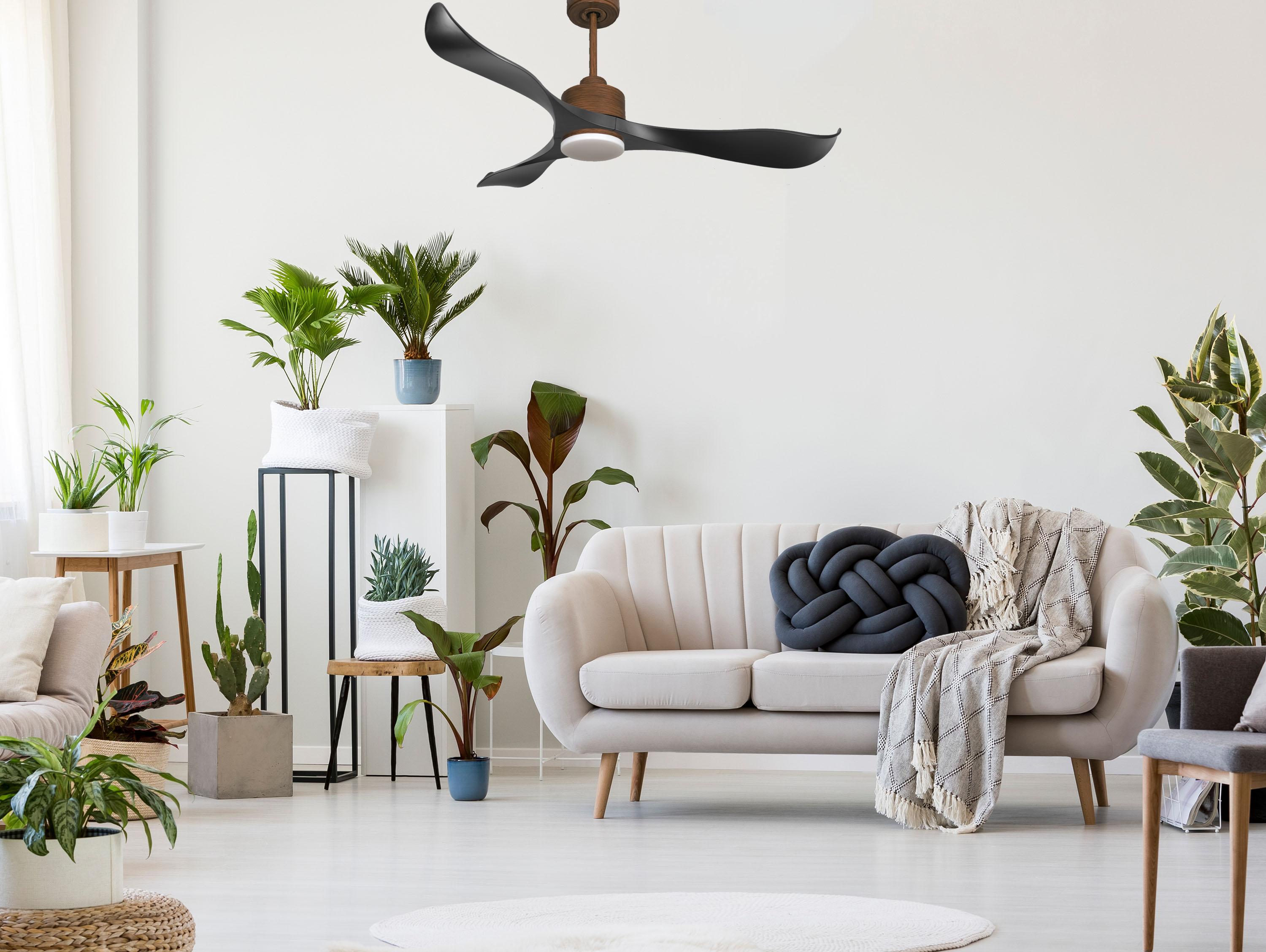 Ventilatore da soffitto Reversibile Termostato Dimmabile Wifi Motore CC Tetti inclinati Telecomando Luce a tre toni Adattatore 2/3 lame Hypersilence Memoria