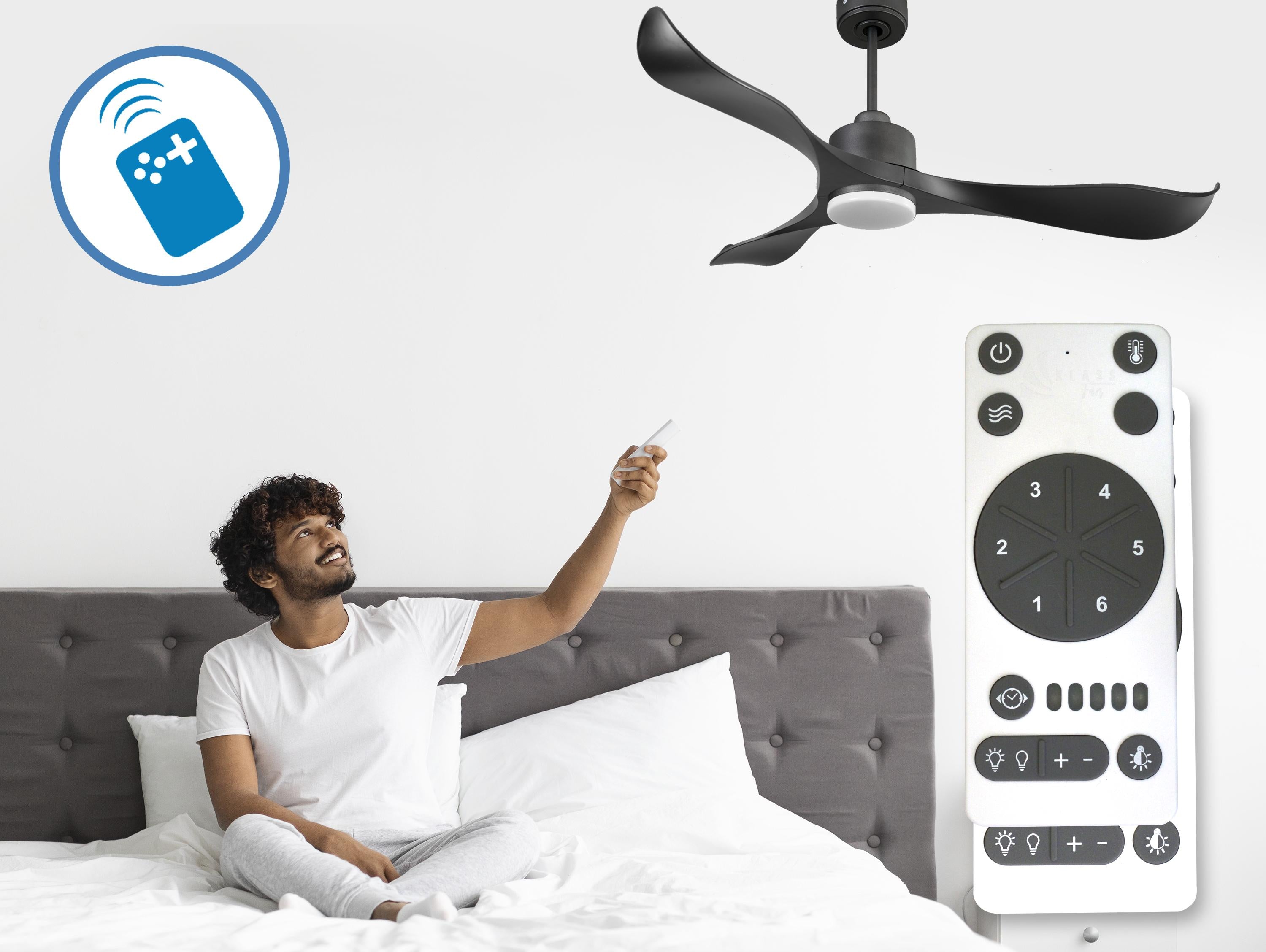 Ventilatore da soffitto Reversibile Termostato Dimmabile Wifi Motore CC Tetti inclinati Telecomando Luce a tre toni Adattatore 2/3 lame Hypersilence Memoria