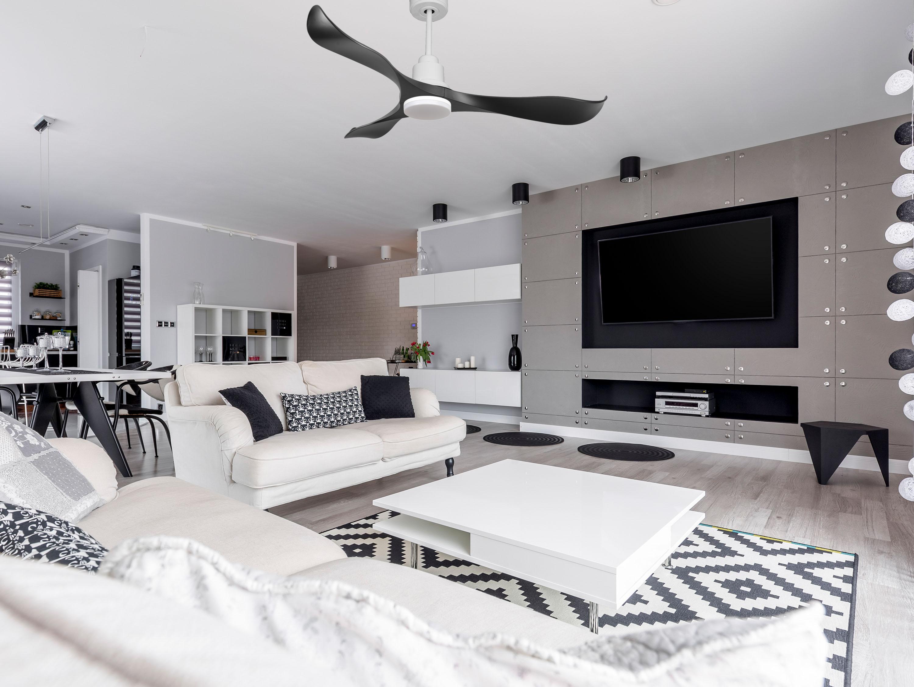 Ventilatore da soffitto Reversibile Termostato Dimmabile Wifi Motore CC Tetti inclinati Telecomando Luce a tre toni Adattatore 2/3 lame Hypersilence Memoria