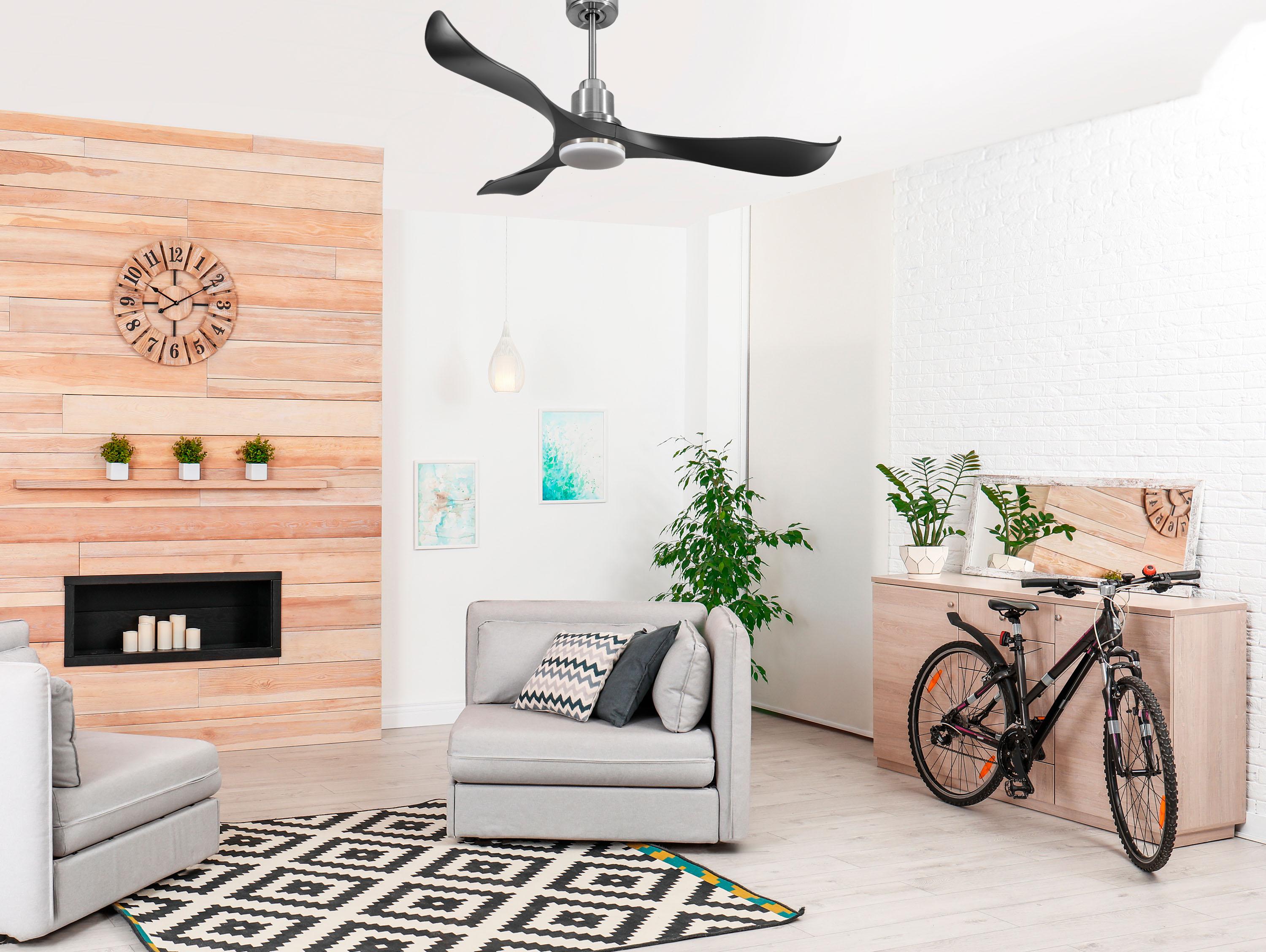 Ventilatore da soffitto Reversibile Termostato Dimmabile Wifi Motore CC Tetti inclinati Telecomando Luce a tre toni Adattatore 2/3 lame Hypersilence Memoria