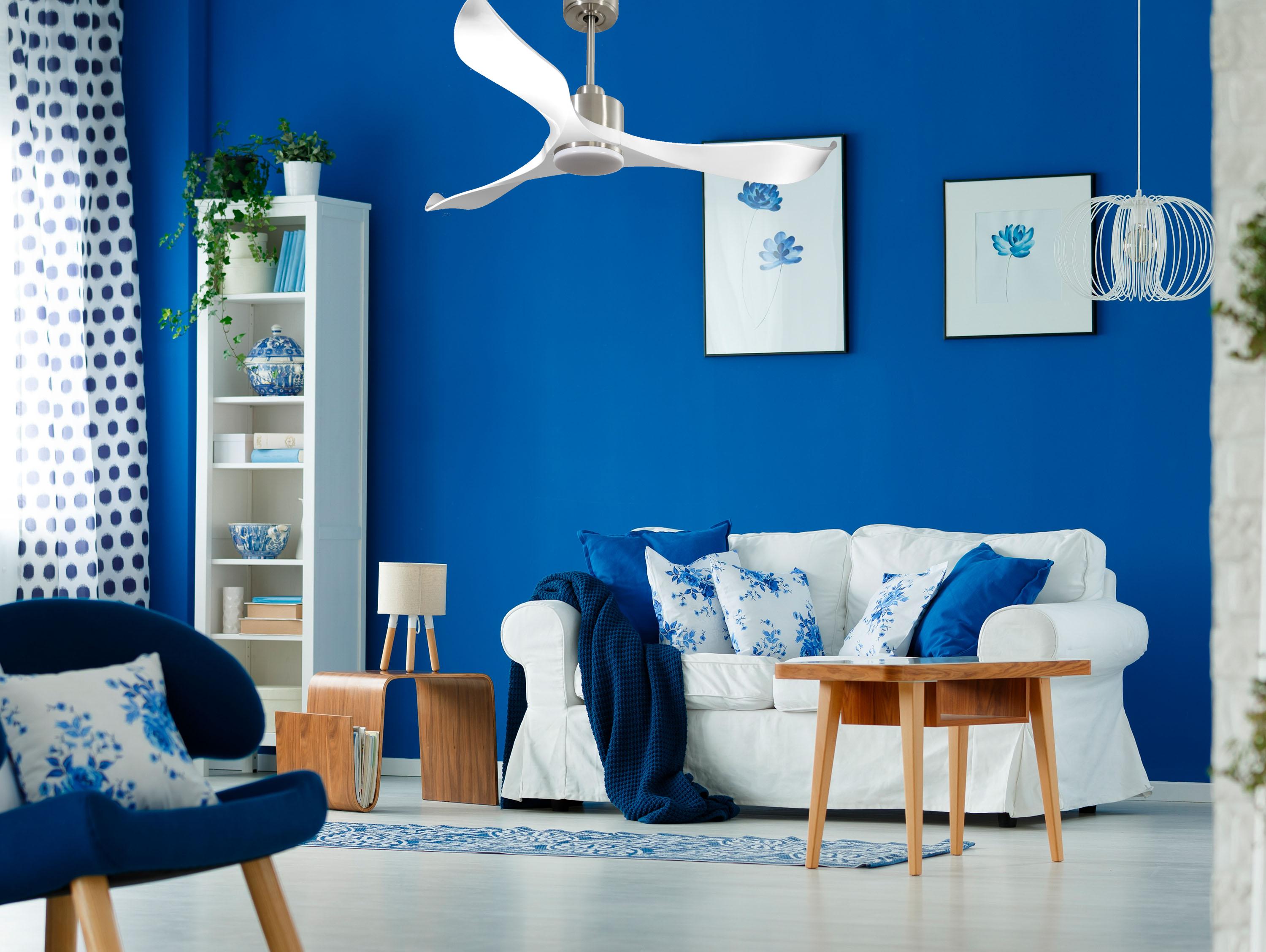 Ventilatore da soffitto Reversibile Termostato Dimmabile Wifi Motore CC Tetti inclinati Telecomando Luce a tre toni Adattatore 2/3 lame Hypersilence Memoria