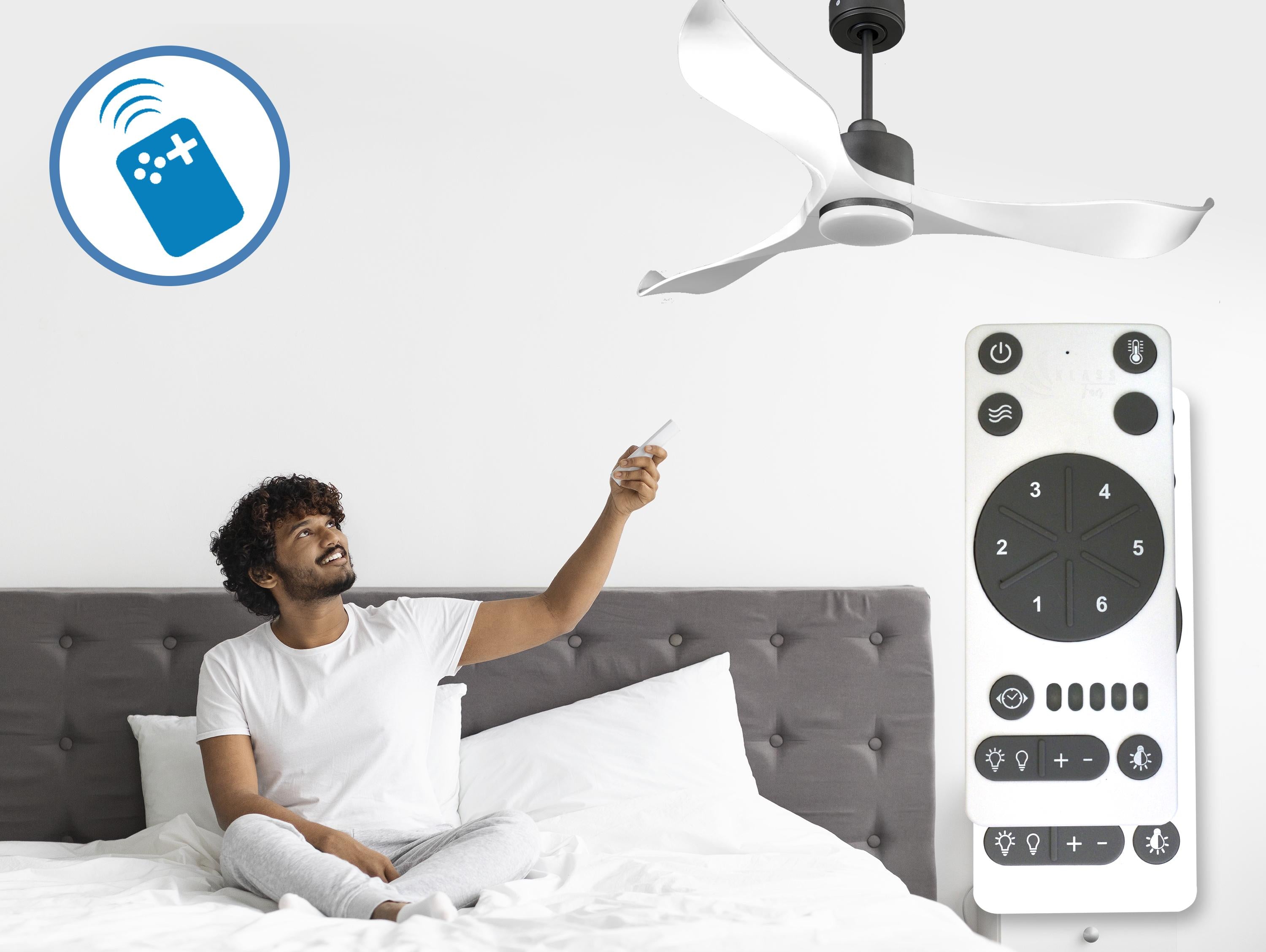 Ventilatore da soffitto Reversibile Termostato Dimmabile Wifi Motore CC Tetti inclinati Telecomando Luce a tre toni Adattatore 2/3 lame Hypersilence Memoria