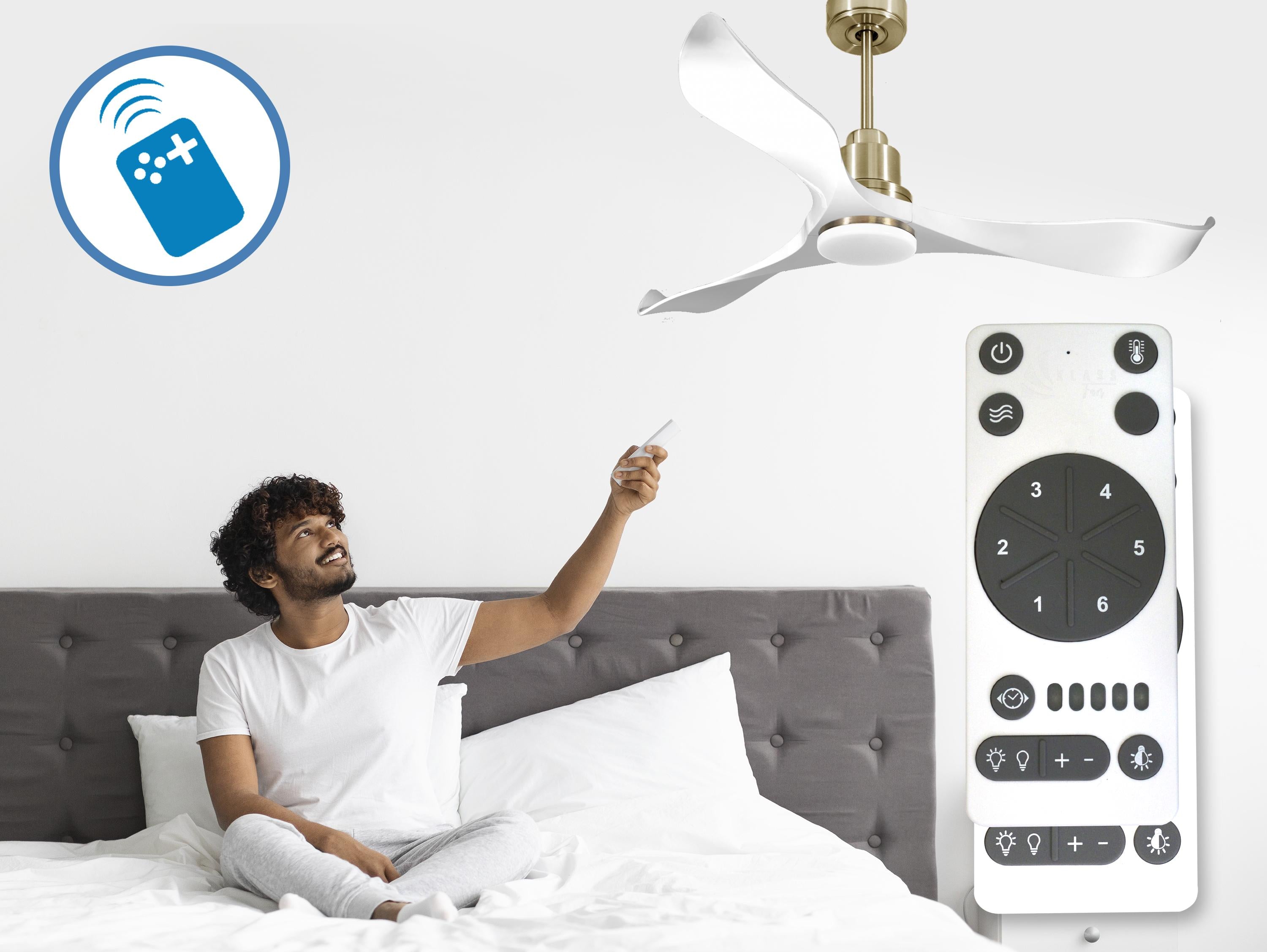 Ventilatore da soffitto Reversibile Termostato Dimmabile Wifi Motore CC Tetti inclinati Telecomando Luce a tre toni Adattatore 2/3 lame Hypersilence Memoria