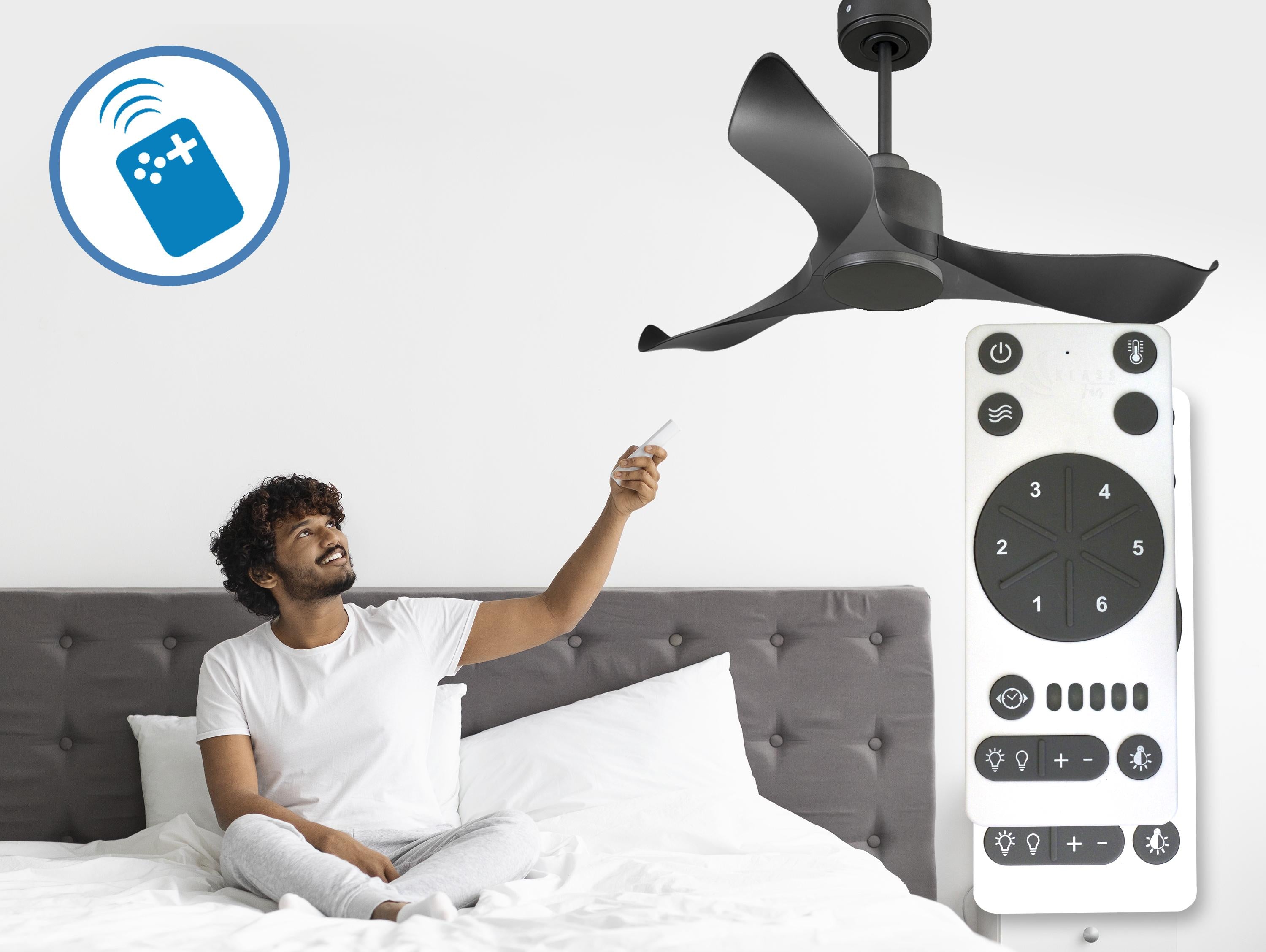 Ventilatore da soffitto Reversibile Termostato Wifi Motore CC Tetti inclinati Telecomando Adattatore 2/3 lame Hypersilence Memoria Shopify Vendible (AUTOMATICO)