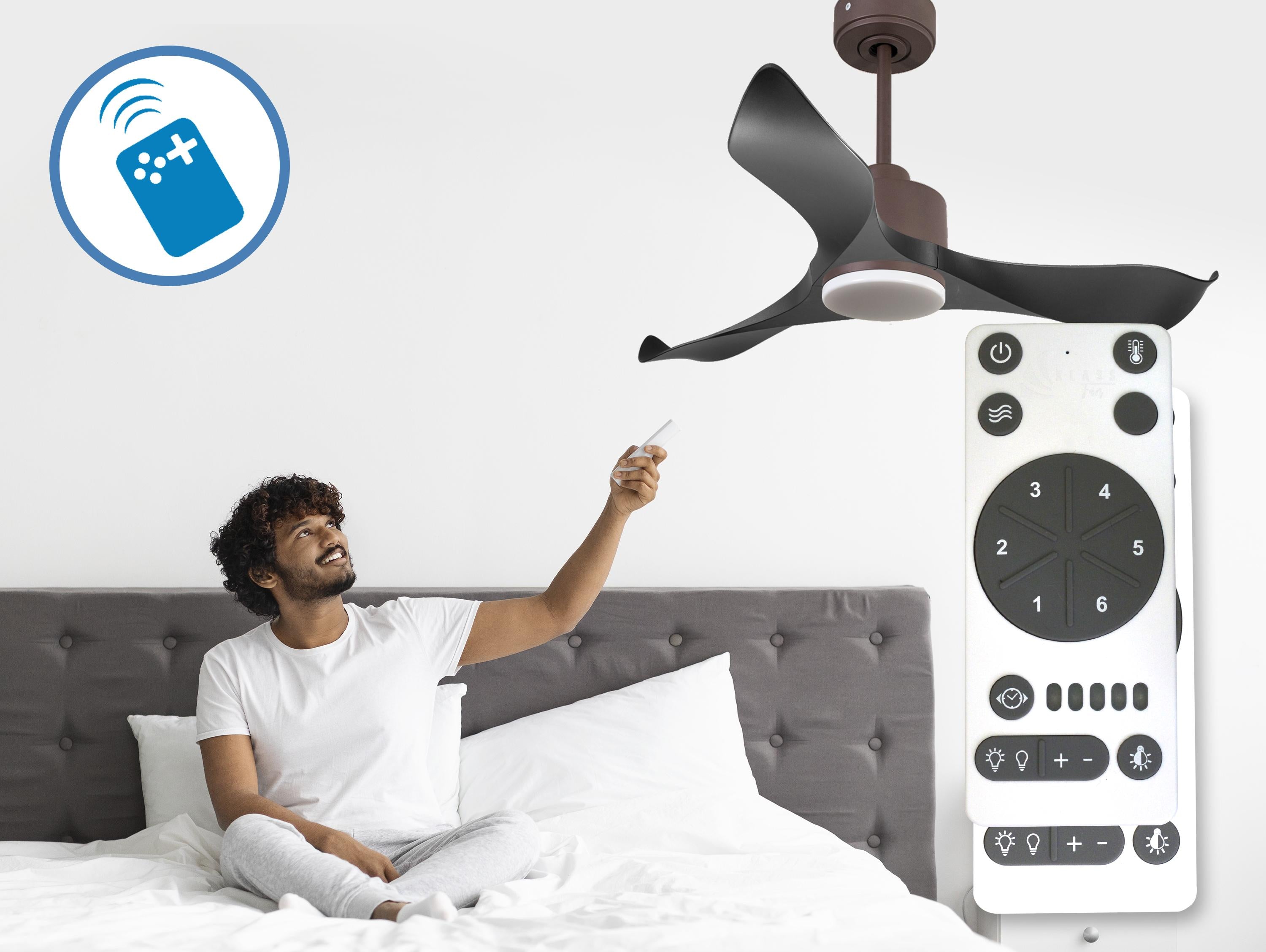 Ventilatore da soffitto Reversibile Termostato Dimmabile Wifi Motore CC Tetti inclinati Telecomando Luce a tre toni Adattatore 2/3 lame Hypersilence Memoria
