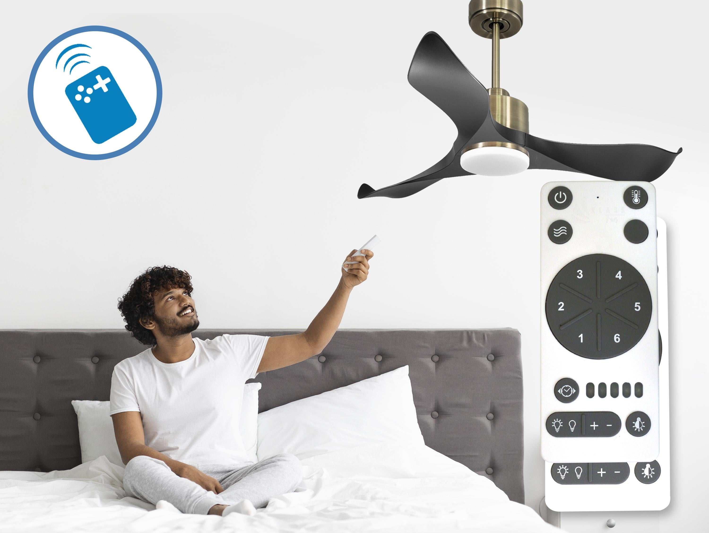 Ventilatore da soffitto Reversibile Termostato Dimmabile Wifi Motore CC Tetti inclinati Telecomando Luce a tre toni Adattatore 2/3 lame Hypersilence Memoria