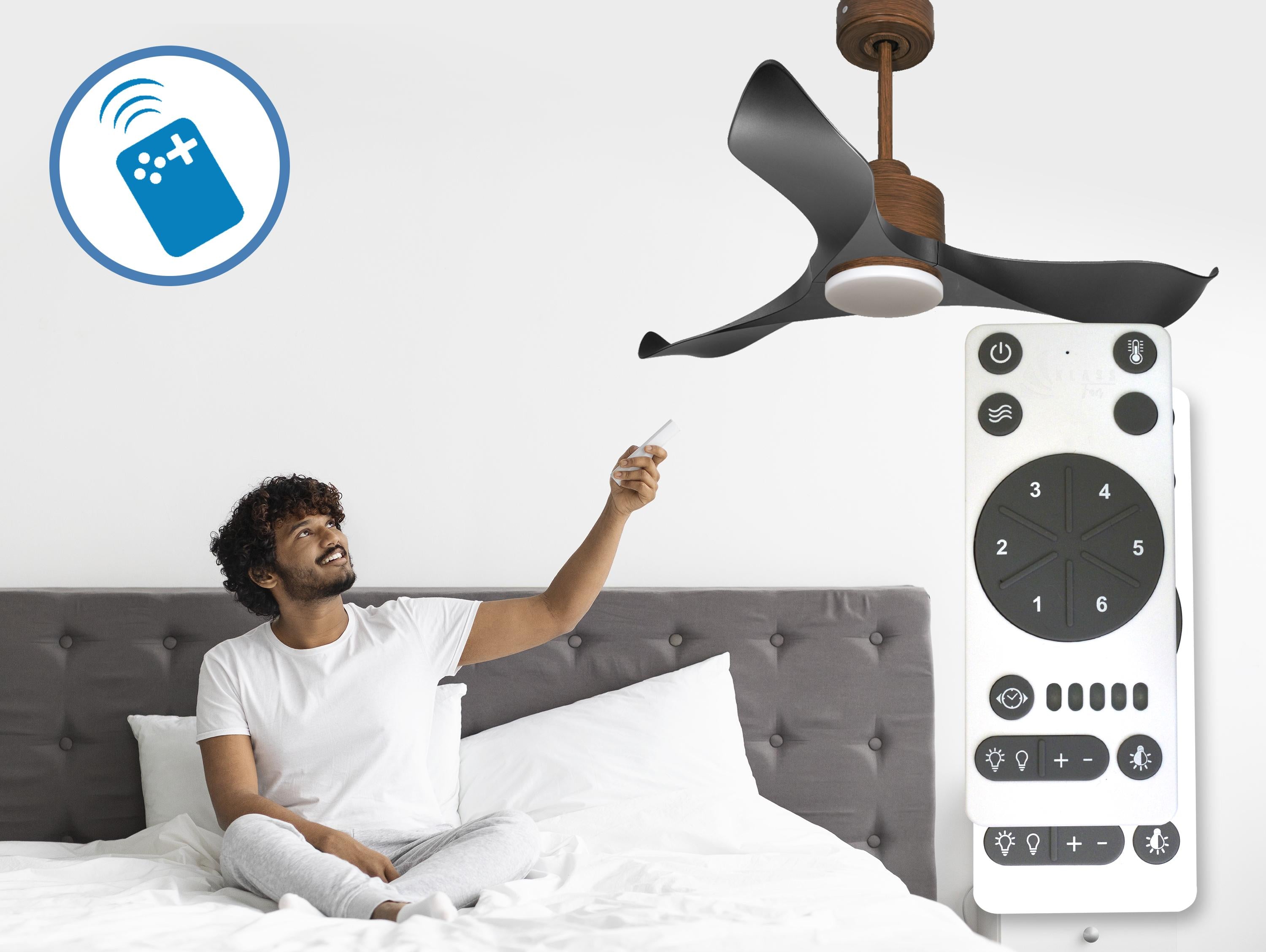 Ventilatore da soffitto Reversibile Termostato Dimmabile Wifi Motore CC Tetti inclinati Telecomando Luce a tre toni Adattatore 2/3 lame Hypersilence Memoria