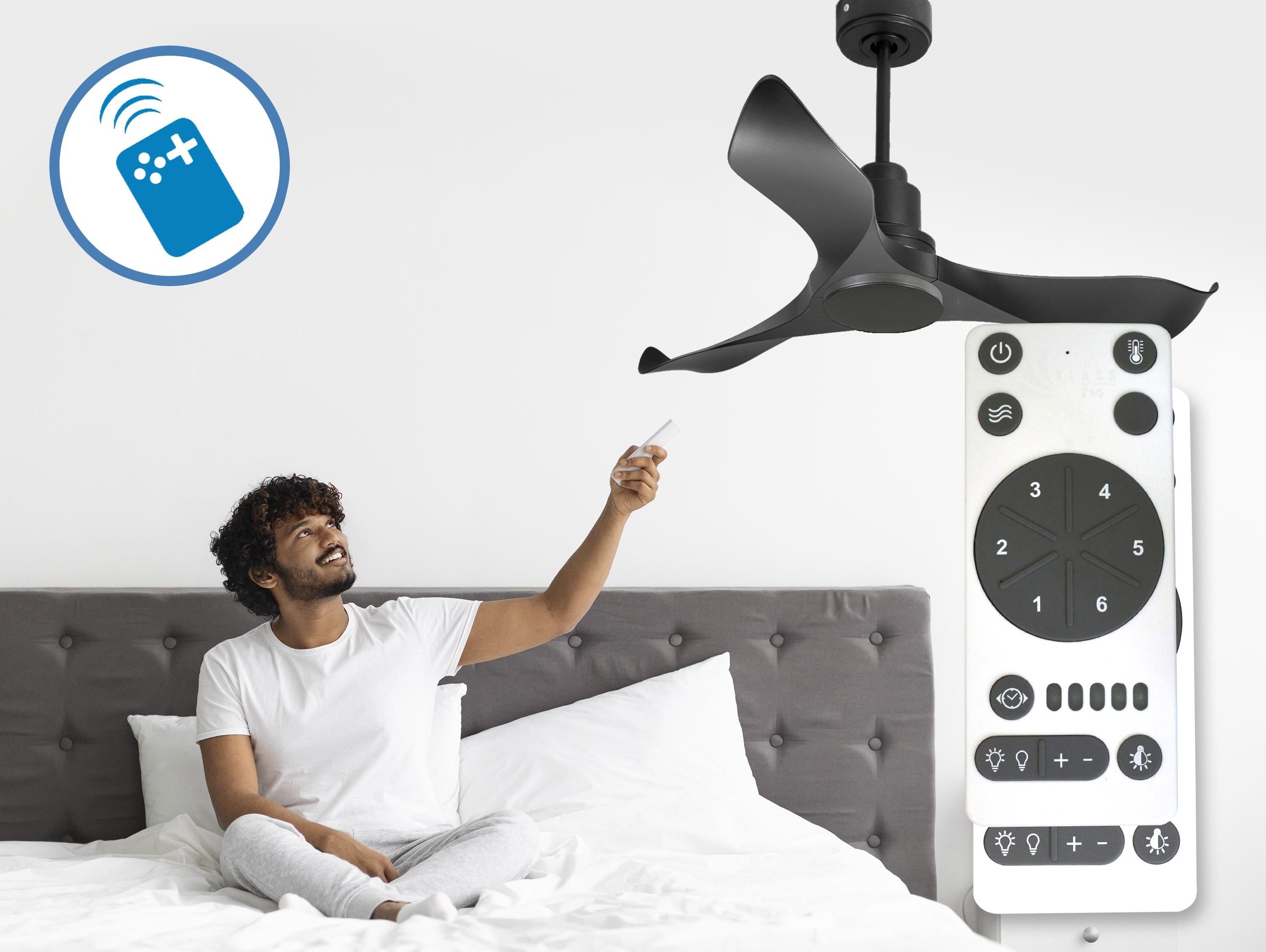 Ventilatore da soffitto Reversibile Termostato Wifi Motore CC Tetti inclinati Telecomando Adattatore 2/3 lame Hypersilence Memoria Shopify Vendible (AUTOMATICO)