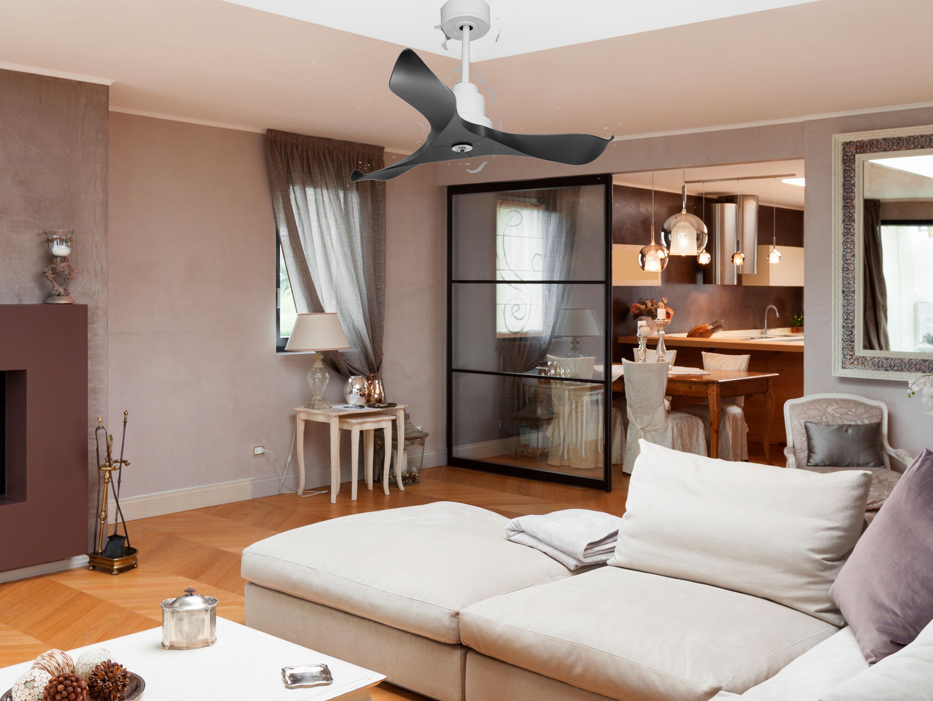 Ventilatore da soffitto Reversibile Termostato Dimmabile Wifi Motore CC Tetti inclinati Telecomando Luce a tre toni Adattatore 2/3 lame Hypersilence Memoria