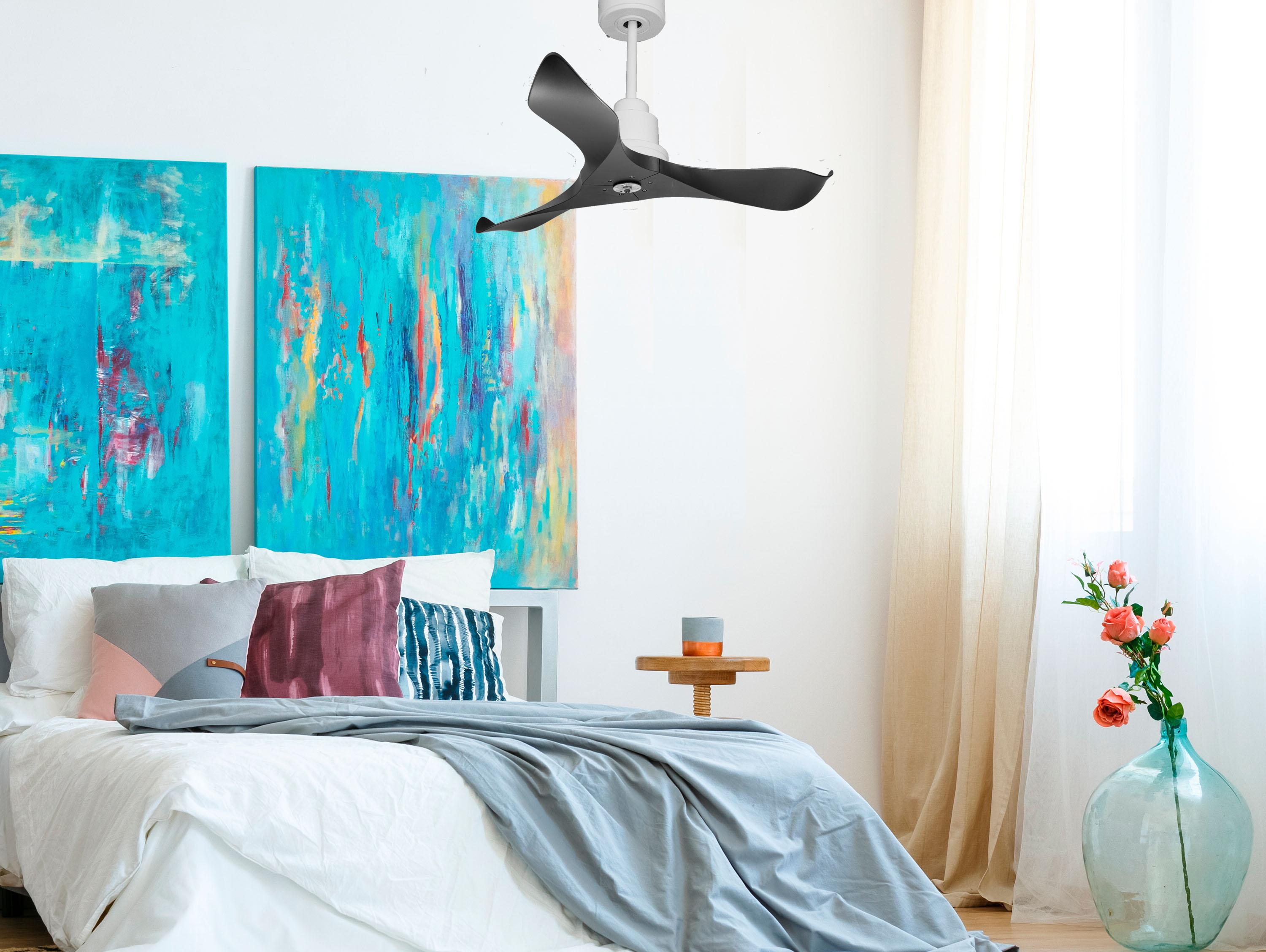 Ventilatore da soffitto Reversibile Termostato Dimmabile Wifi Motore CC Tetti inclinati Telecomando Luce a tre toni Adattatore 2/3 lame Hypersilence Memoria
