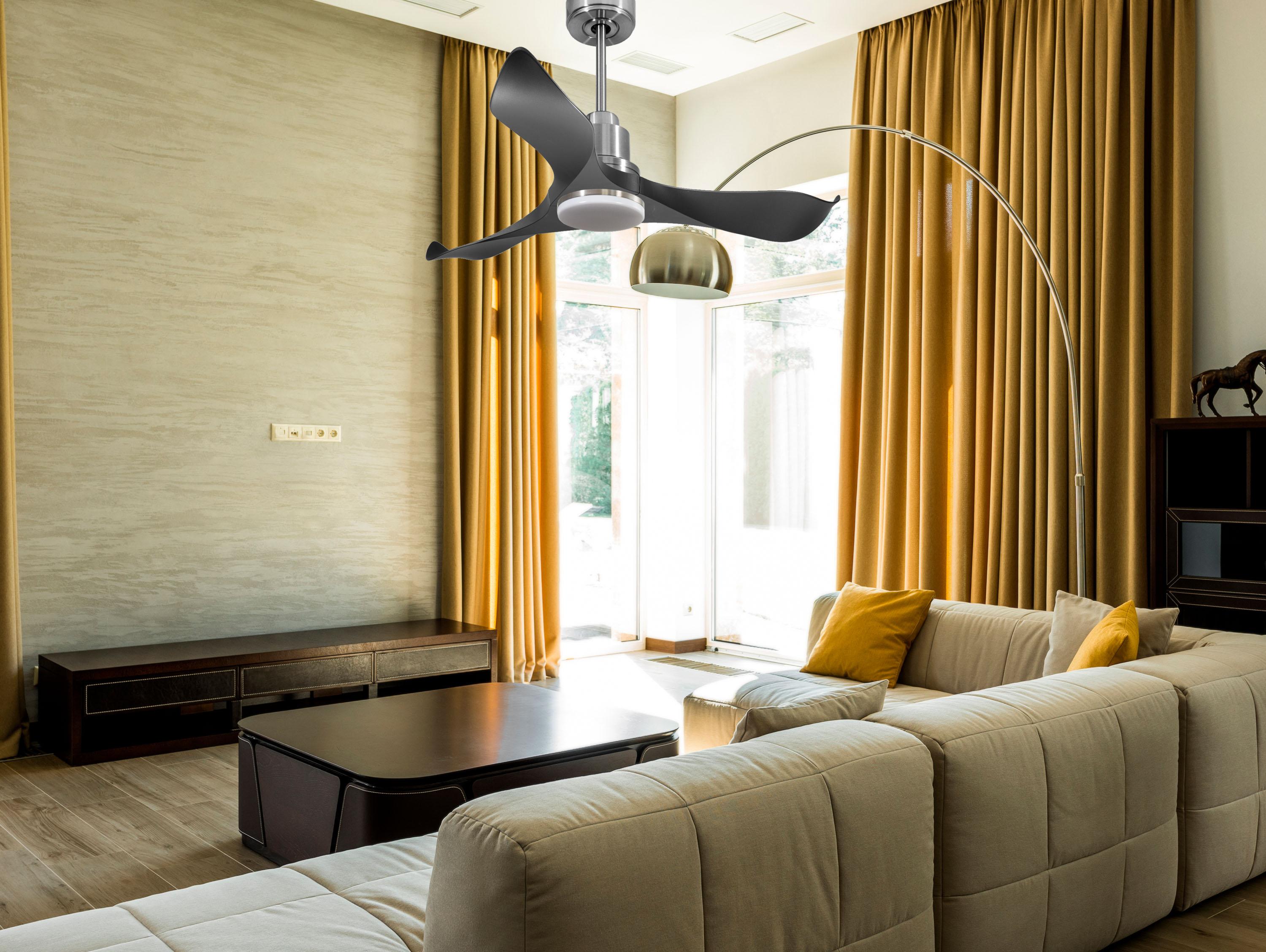 Ventilatore da soffitto Reversibile Termostato Dimmabile Wifi Motore CC Tetti inclinati Telecomando Luce a tre toni Adattatore 2/3 lame Hypersilence Memoria