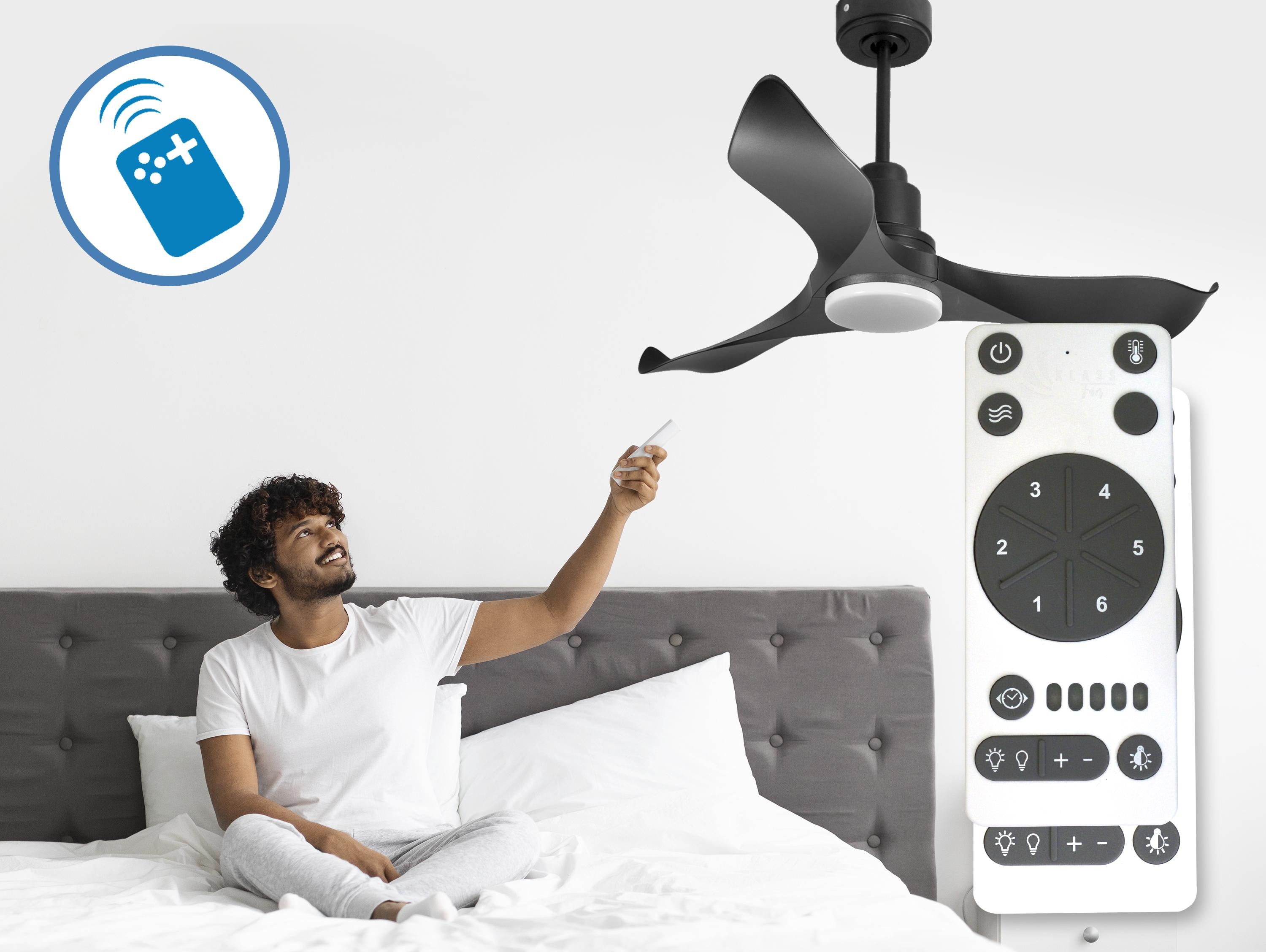 Ventilatore da soffitto Reversibile Termostato Dimmabile Wifi Motore CC Tetti inclinati Telecomando Luce a tre toni Adattatore 2/3 lame Hypersilence Memoria