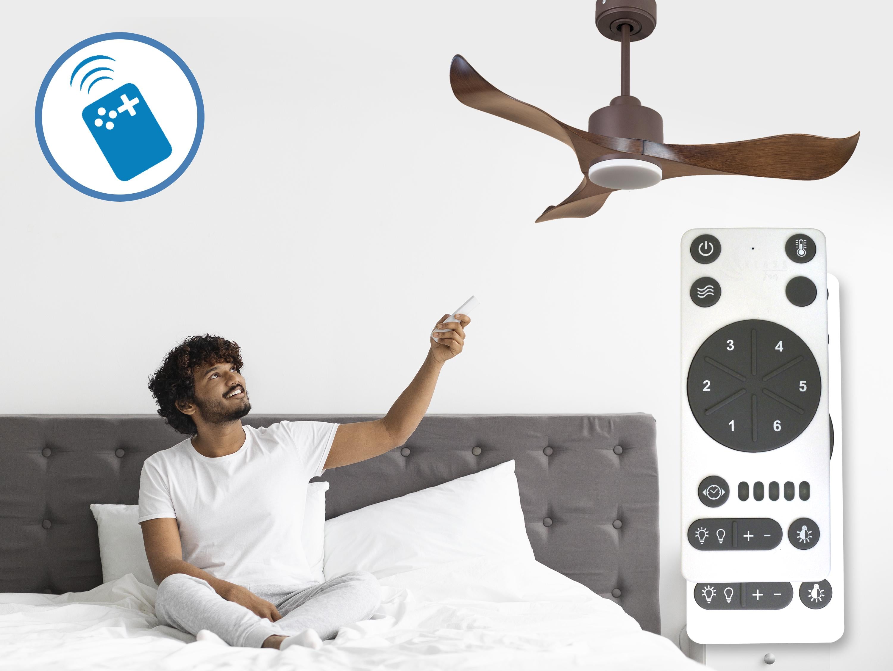 Ventilatore da soffitto Reversibile Termostato Dimmabile Wifi Motore CC Tetti inclinati Telecomando Luce a tre toni Adattatore 2/3 lame Hypersilence Memoria