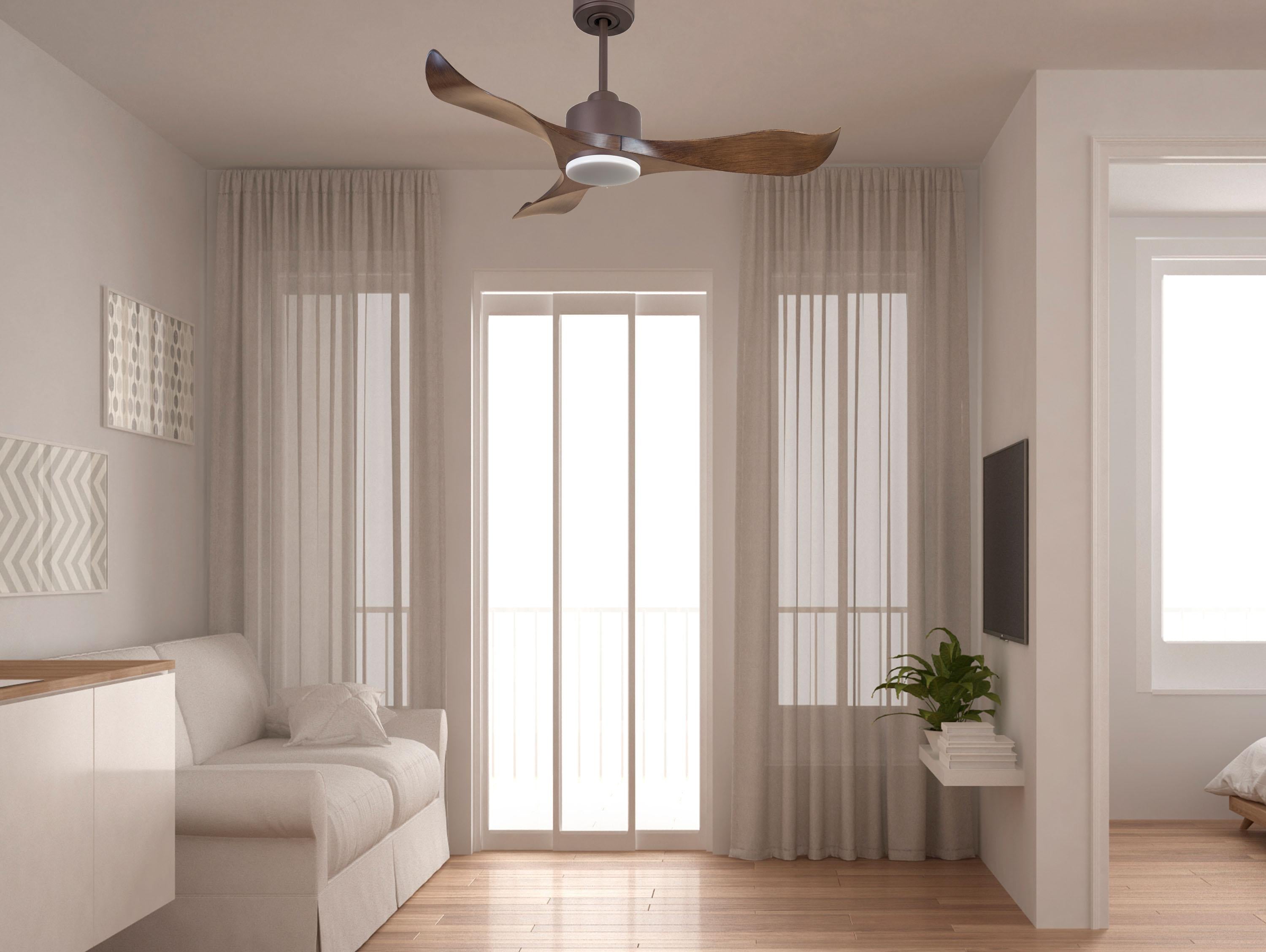 Ventilatore da soffitto Reversibile Termostato Dimmabile Wifi Motore CC Tetti inclinati Telecomando Luce a tre toni Adattatore 2/3 lame Hypersilence Memoria