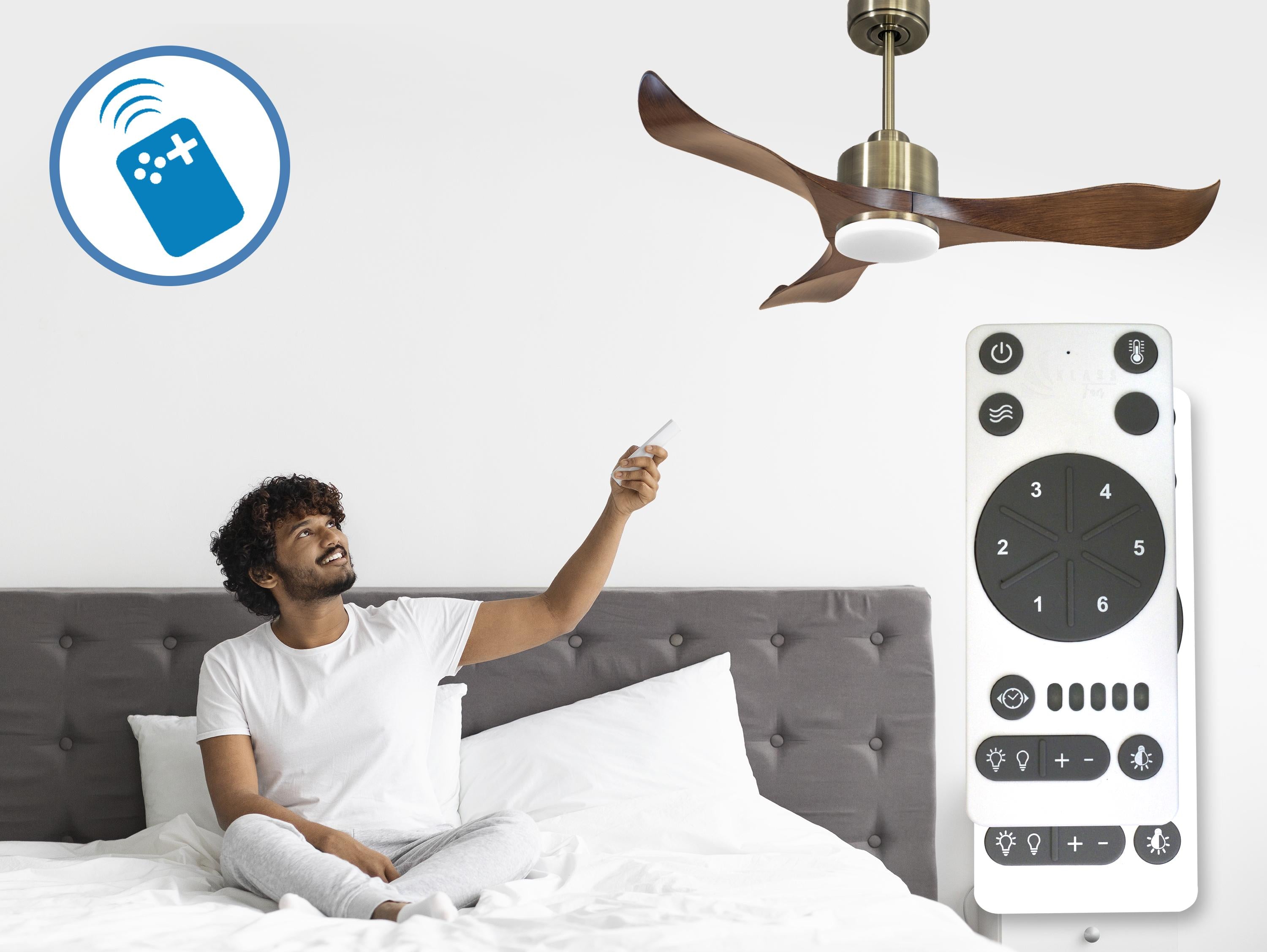 Ventilatore da soffitto Reversibile Termostato Dimmabile Wifi Motore CC Tetti inclinati Telecomando Luce a tre toni Adattatore 2/3 lame Hypersilence Memoria