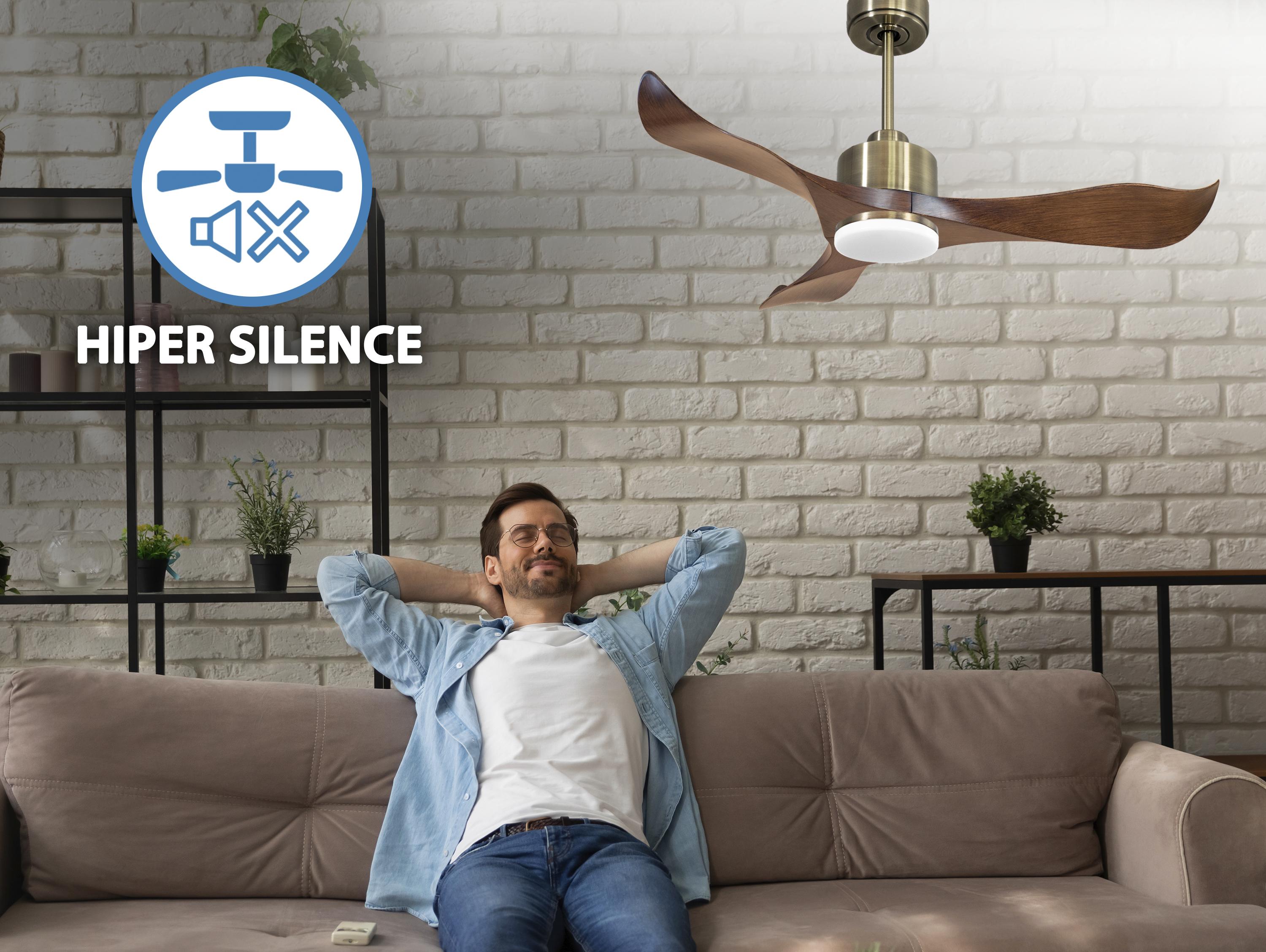 Ventilatore da soffitto Reversibile Termostato Dimmabile Wifi Motore CC Tetti inclinati Telecomando Luce a tre toni Adattatore 2/3 lame Hypersilence Memoria